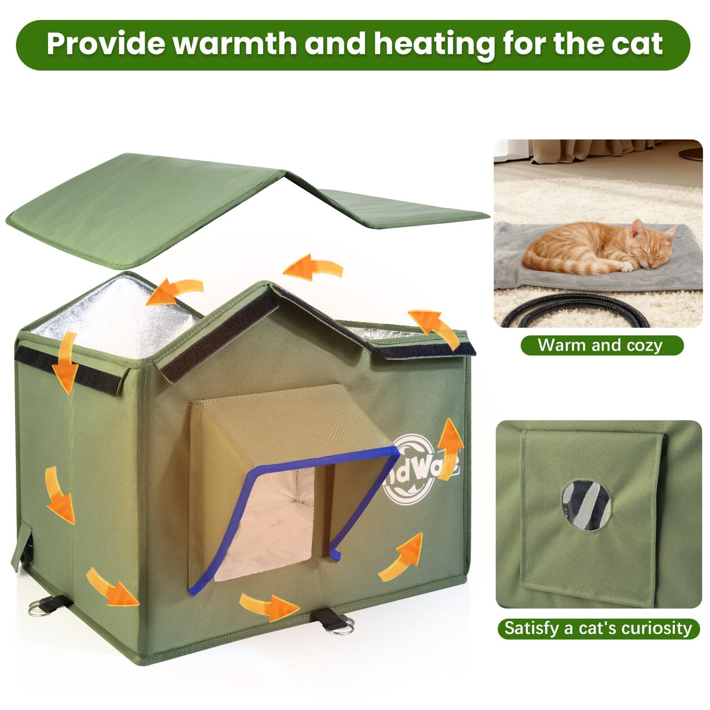 Outdoor Cat House Heated Cat House for Outside with Elevated Base Cat-Attracting Eave Design Feral Stray Shelter Weatherproof in Winter Garage Yard Porch