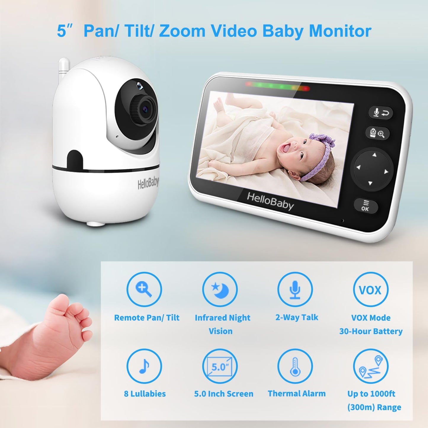 HelloBaby No WiFi Baby Monitor 5" Screen