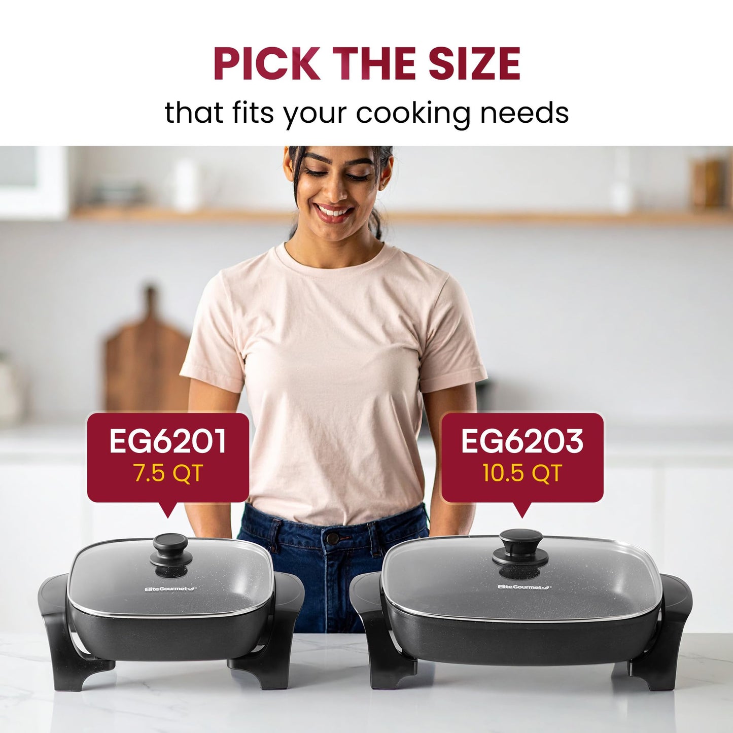 Elite Gourmet EG-6203# Extra Deep 16"x13"x3.2" (10.5Qt.) Scratch Resistant, Easy Pour Spout Dishwasher Safe, Non-stick Electric Skillet with Glass Vented Lid, Adjustable Temperature, Black