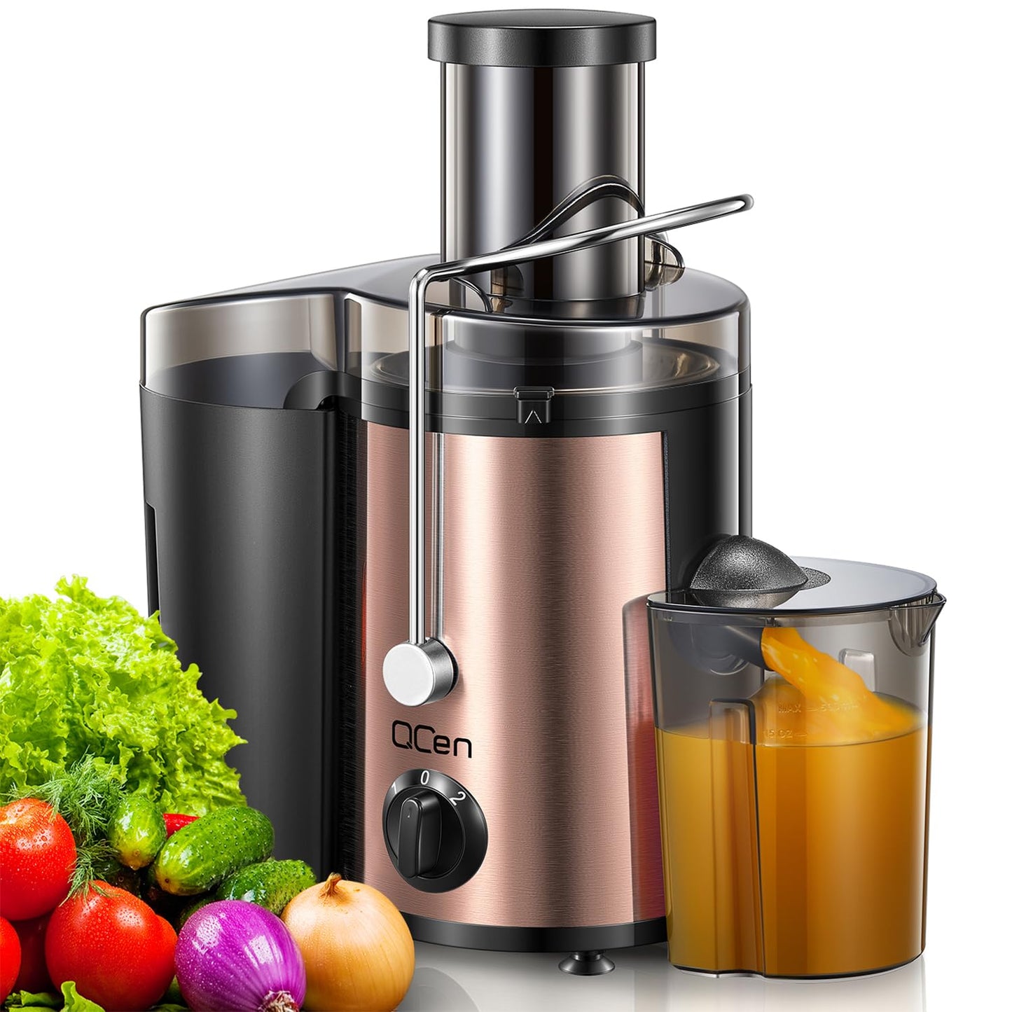 QCen Juicer Machine, 500W Centrifugal Juicer Extractor with Wide Mouth 3” Feed Chute for Fruit Vegetable, Easy to Clean, Stainless Steel, BPA-free (Black)