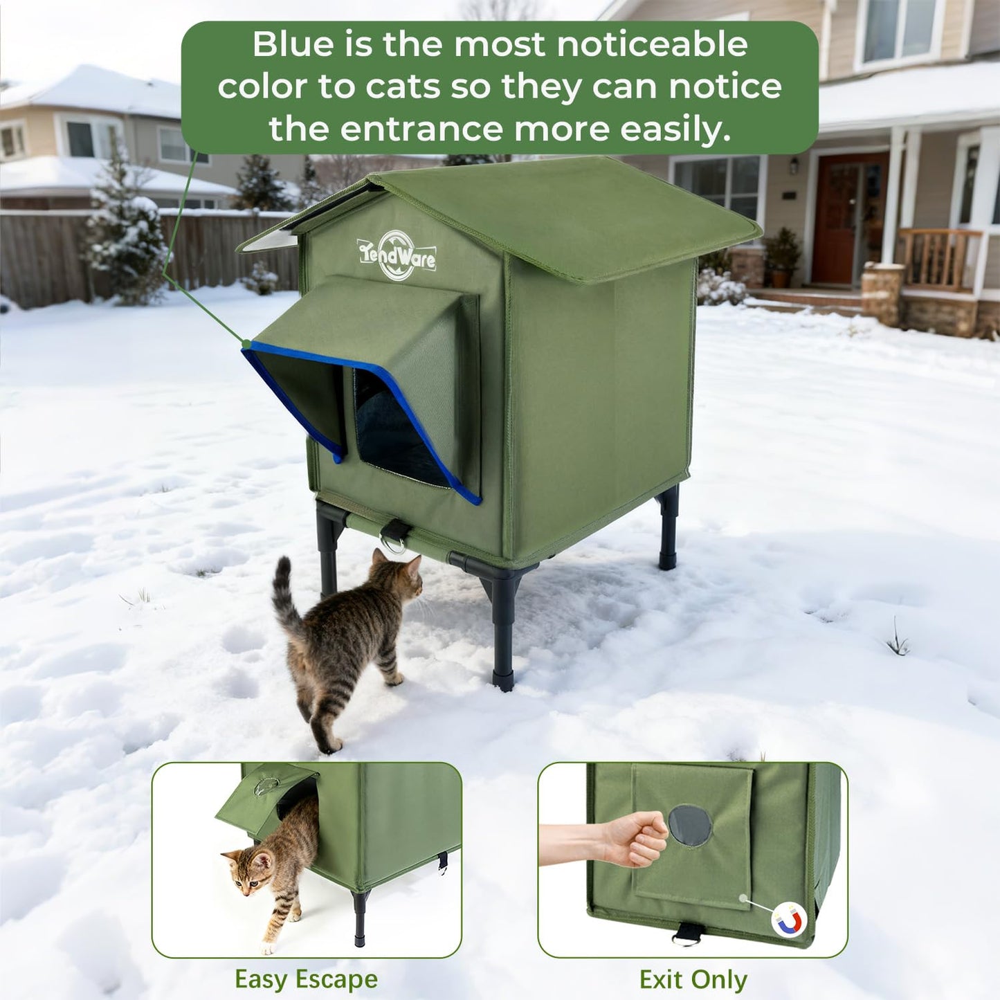 Outdoor Cat House Heated Cat House for Outside with Elevated Base Cat-Attracting Eave Design Feral Stray Shelter Weatherproof in Winter Garage Yard Porch