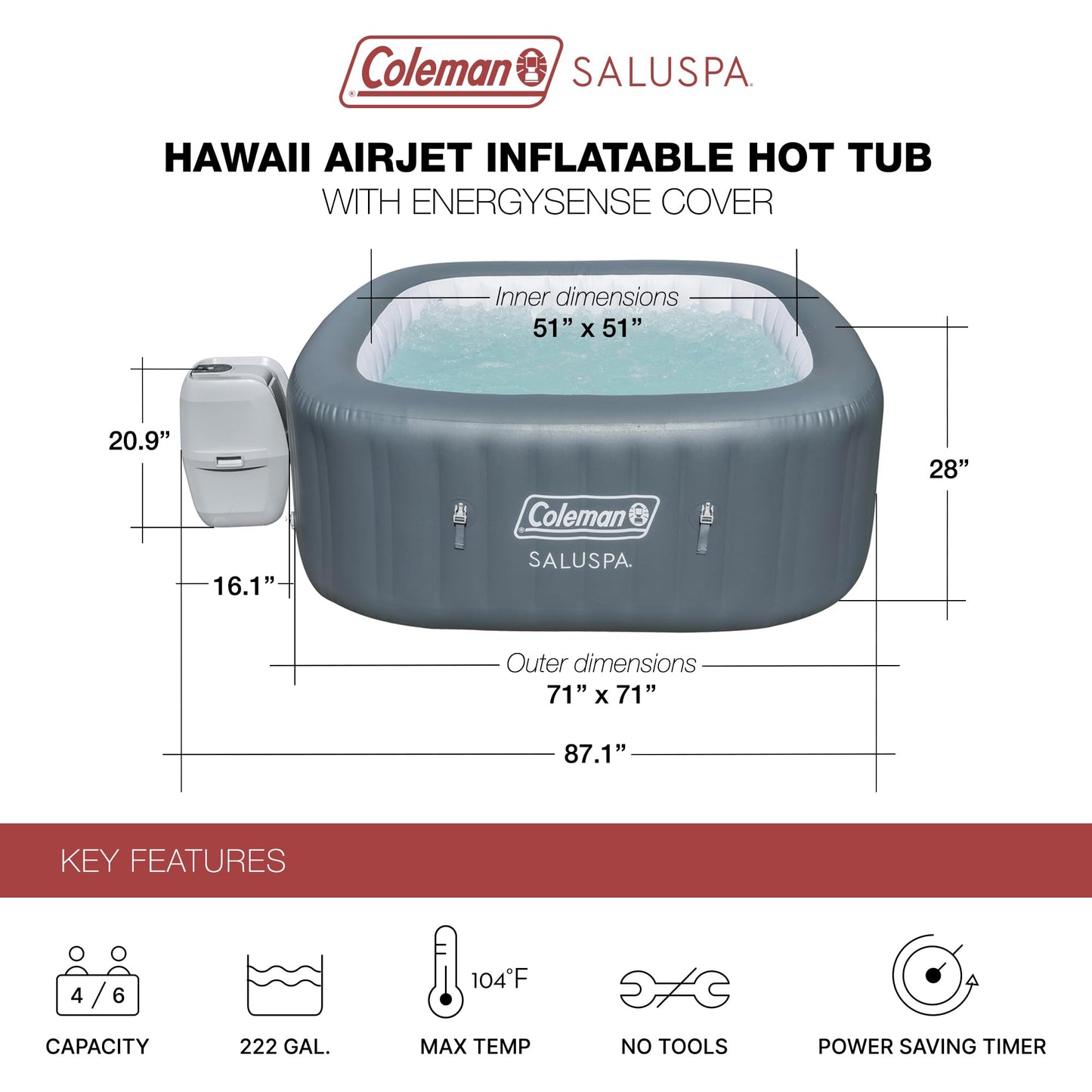 Coleman Hawaii AirJet Large Square 4 to 6 Person Inflatable Hot Tub