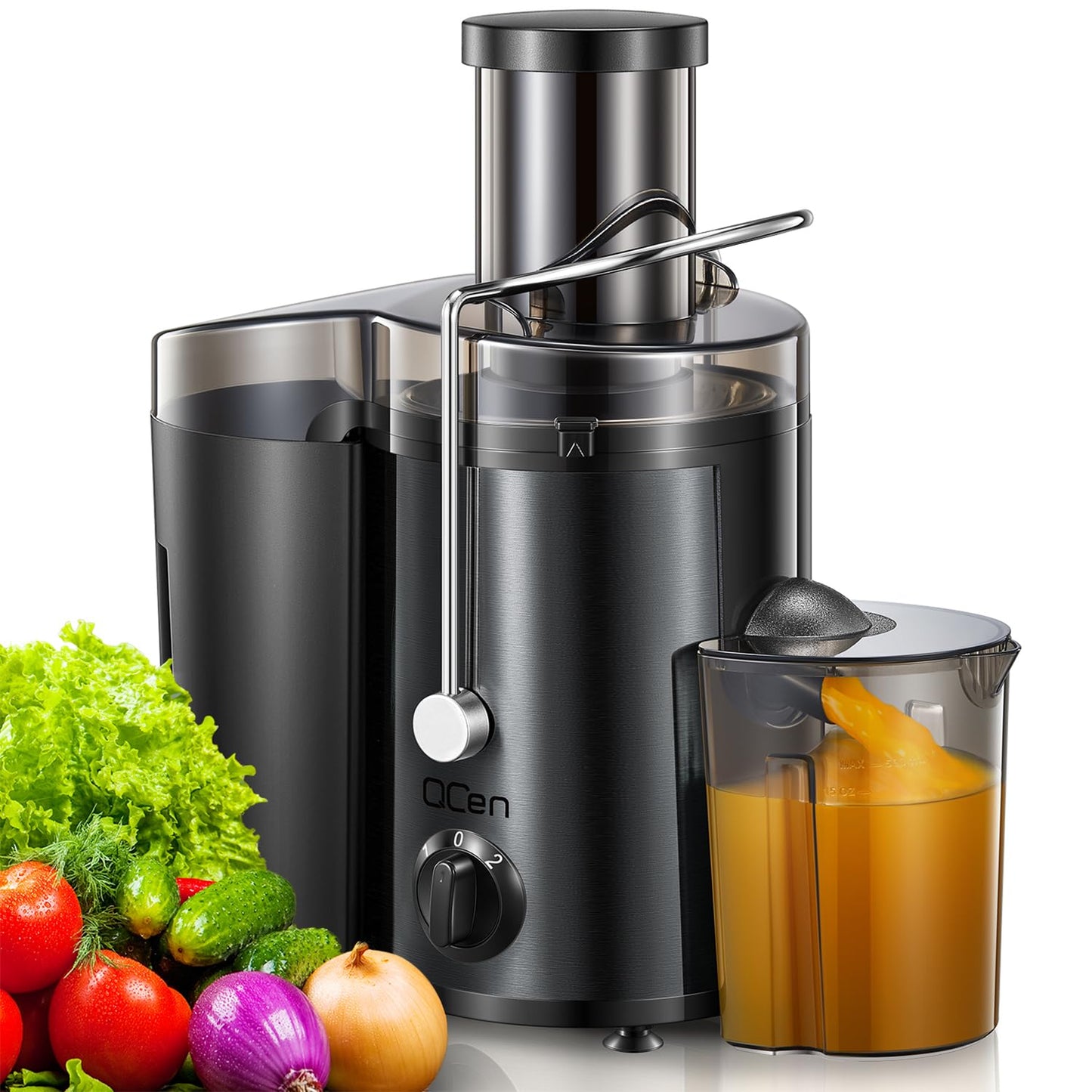 QCen Juicer Machine, 500W Centrifugal Juicer Extractor with Wide Mouth 3” Feed Chute for Fruit Vegetable, Easy to Clean, Stainless Steel, BPA-free (Black)