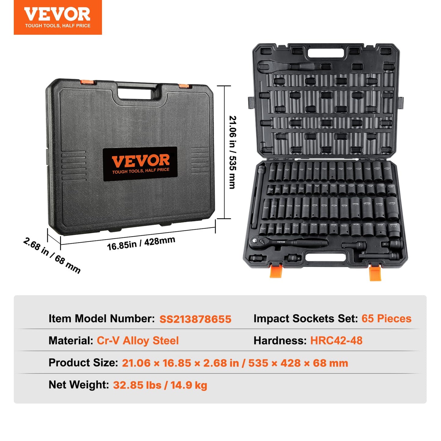 VEVOR 1/2" Drive Impact Socket Set, 65 Piece SAE 3/8" to 1-1/4" and Metric 10-24mm
