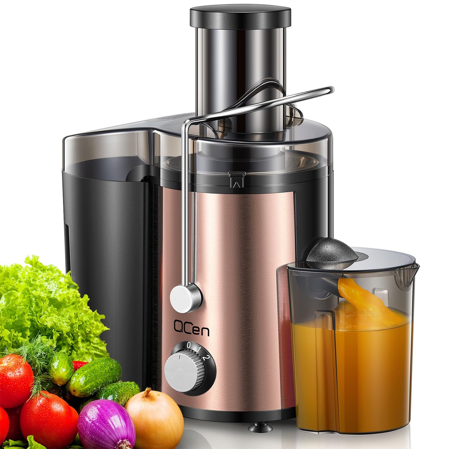 QCen Juicer Machine, 500W Centrifugal Juicer Extractor with Wide Mouth 3” Feed Chute for Fruit Vegetable, Easy to Clean, Stainless Steel, BPA-free (Black)