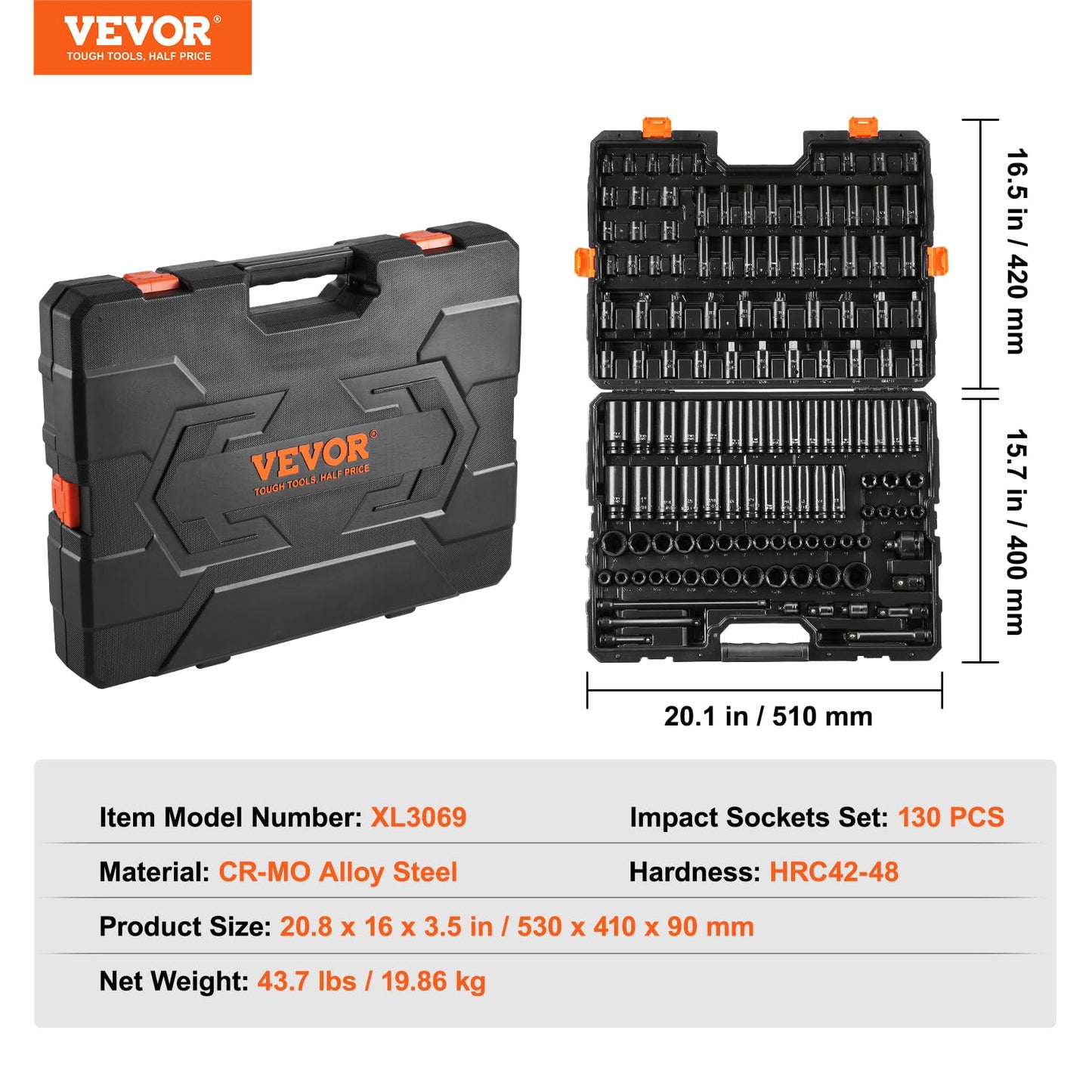 VEVOR 1/2" Drive Impact Socket Set, 65 Piece SAE 3/8" to 1-1/4" and Metric 10-24mm