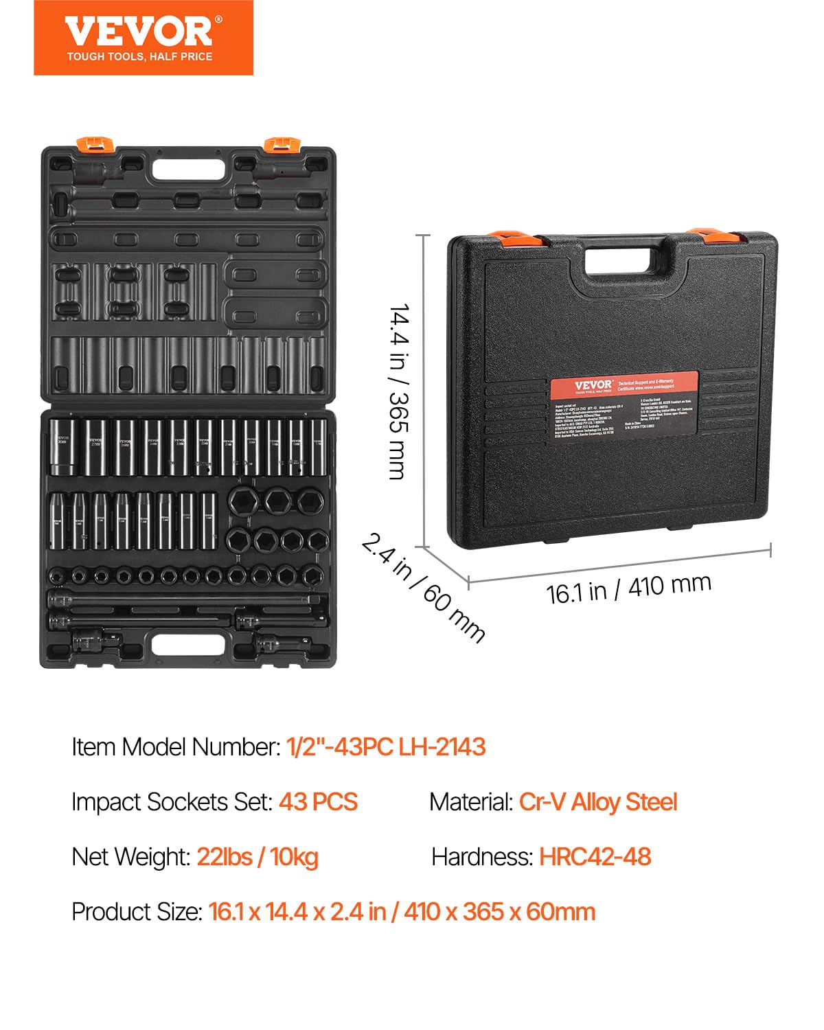 VEVOR 1/2" Drive Impact Socket Set, 65 Piece SAE 3/8" to 1-1/4" and Metric 10-24mm