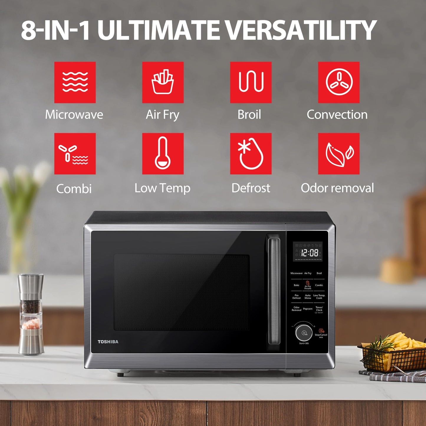 TOSHIBA EM131A5C-BS Countertop Microwave Ovens 1.2 Cu Ft, 12.4" Removable Turntable Smart Humidity Sensor 12 Auto Menus Mute Function ECO Mode Easy Clean Interior Black Color 1000W