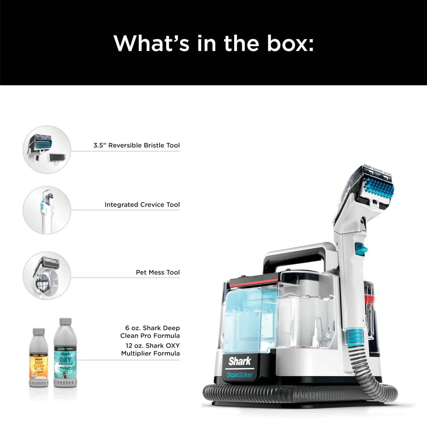 Shark StainStriker Portable Carpet, Upholstery & Area Rug Cleaner with Pet Mess Tool, Stain & Odor Remover, Perfect for Car Interiors, Includes 3 Cleaning Tools & Cleaning Solution, White, PX201