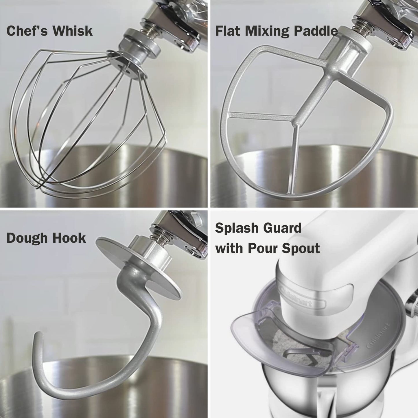 Cuisinart Stand Mixer, 12 Speeds, 5.5-Quart Mixing Bowl, Chef's Whisk, Flat Mixing Paddle, Dough Hook, and Splash Guard with Pour Spout, Silver Lining, SM-50BC, Silver Lining