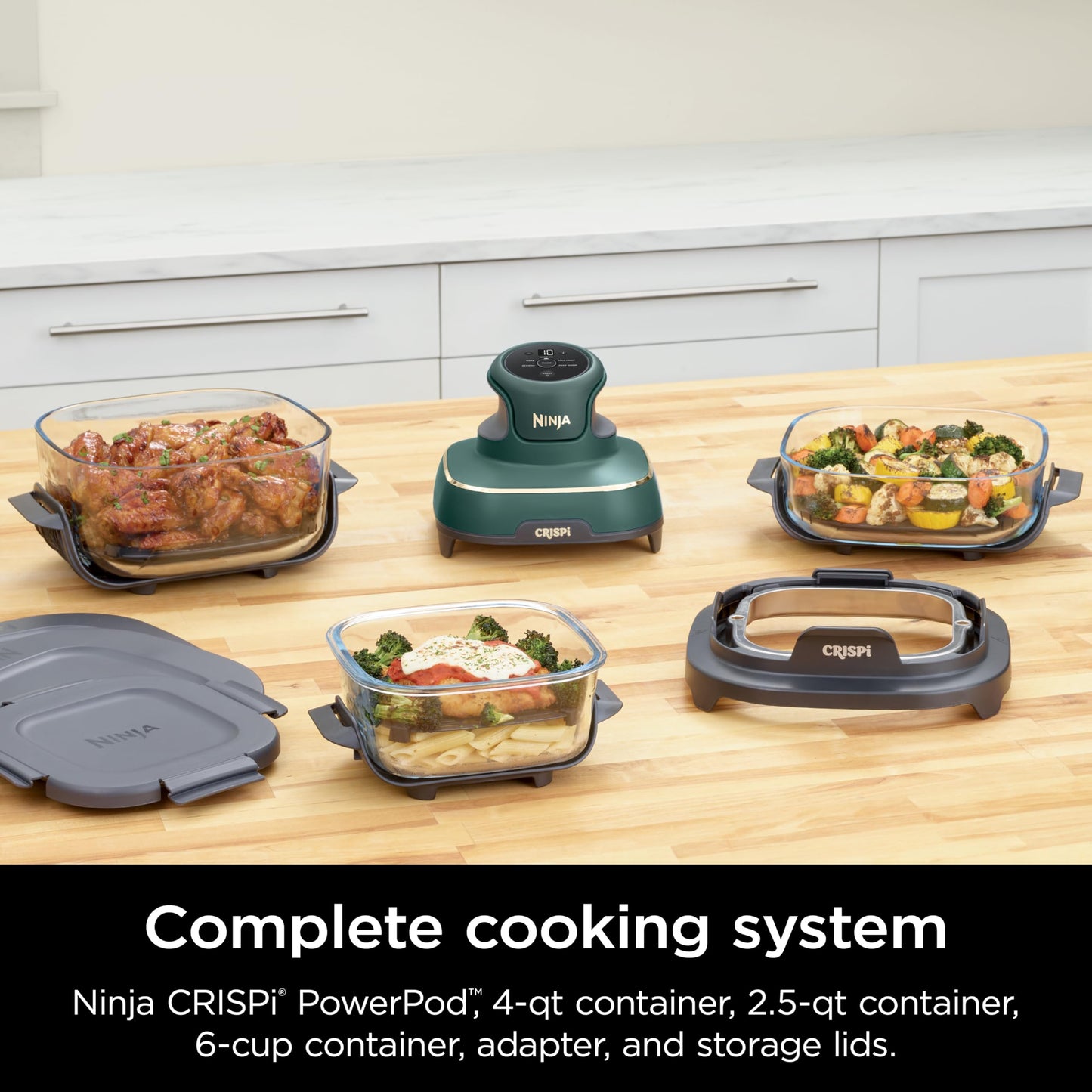 Ninja Crispi Air Fryer, Microwave, Freezer & Dishwasher Safe, Non Toxic Glass Portable Cooking System, 4 QT & 6 Cup Glass Containers with Storage Lids, Easy Meals, Air Fry, Bake, Stone, FN101ST