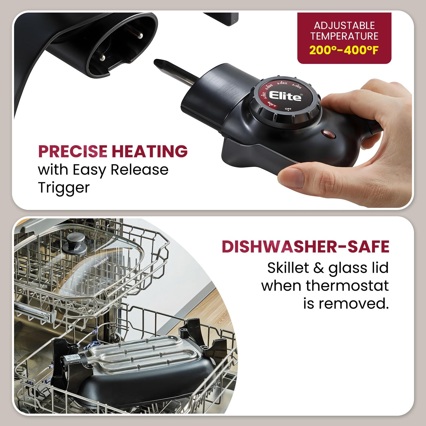 Elite Gourmet EG-6203# Extra Deep 16"x13"x3.2" (10.5Qt.) Scratch Resistant, Easy Pour Spout Dishwasher Safe, Non-stick Electric Skillet with Glass Vented Lid, Adjustable Temperature, Black