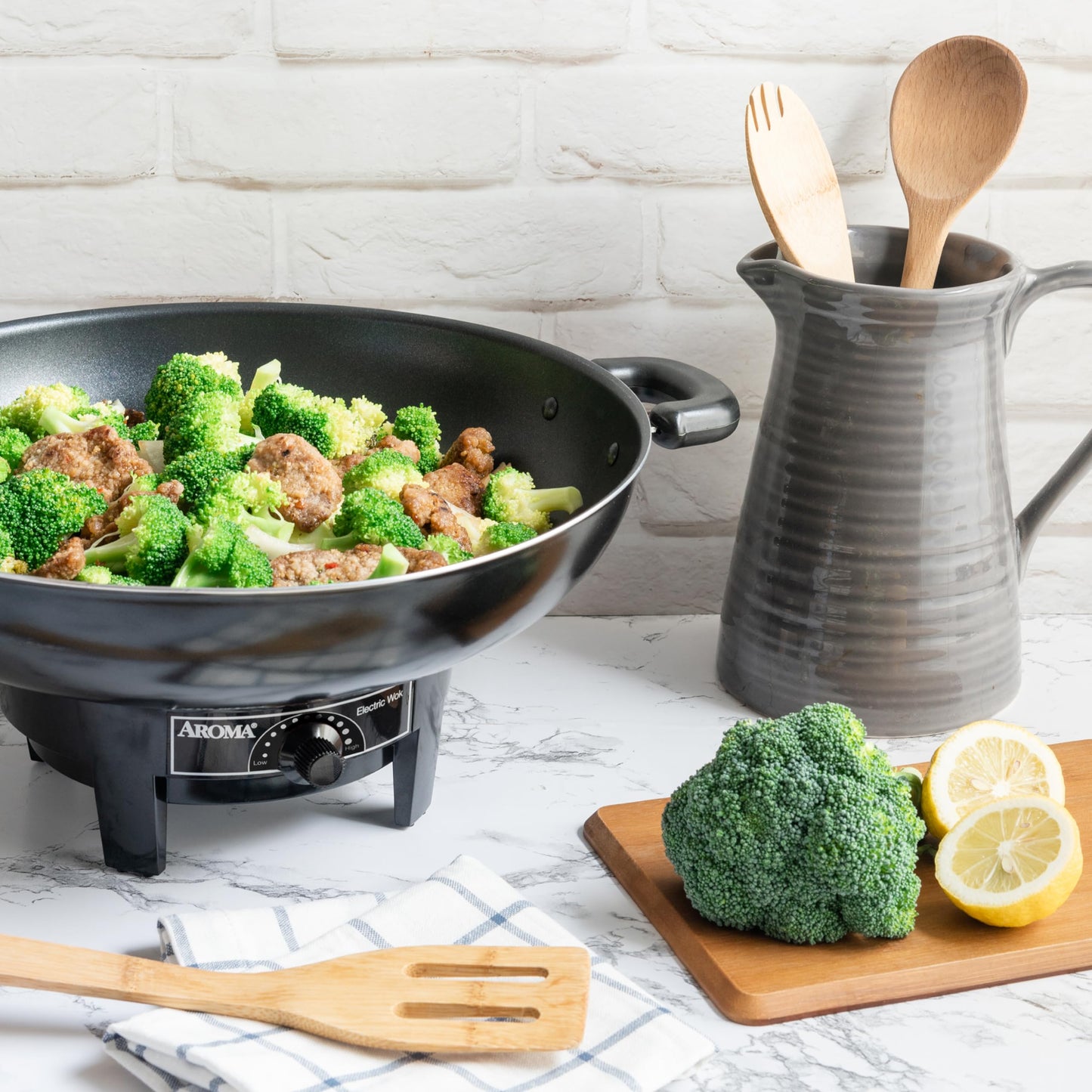 Aroma Housewares AEW-306 Electric Wok with Tempered Glass Lid Easy Clean Nonstick, Cooking Chopsticks, Tempura and Steaming Racks, Professional Model, Black