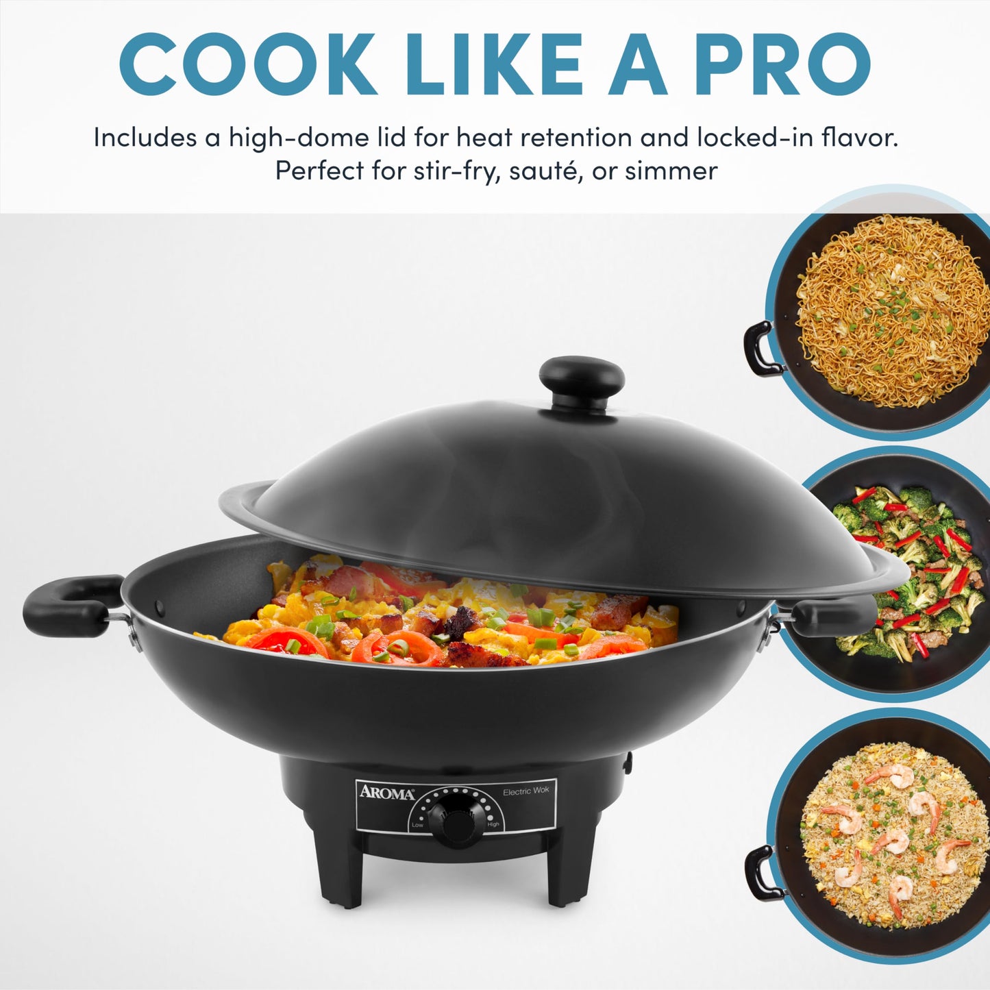 Aroma Housewares AEW-306 Electric Wok with Tempered Glass Lid Easy Clean Nonstick, Cooking Chopsticks, Tempura and Steaming Racks, Professional Model, Black