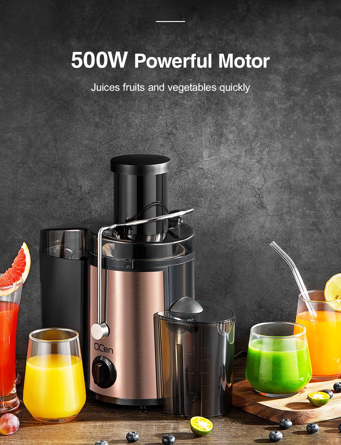 QCen Juicer Machine, 500W Centrifugal Juicer Extractor with Wide Mouth 3” Feed Chute for Fruit Vegetable, Easy to Clean, Stainless Steel, BPA-free (Black)