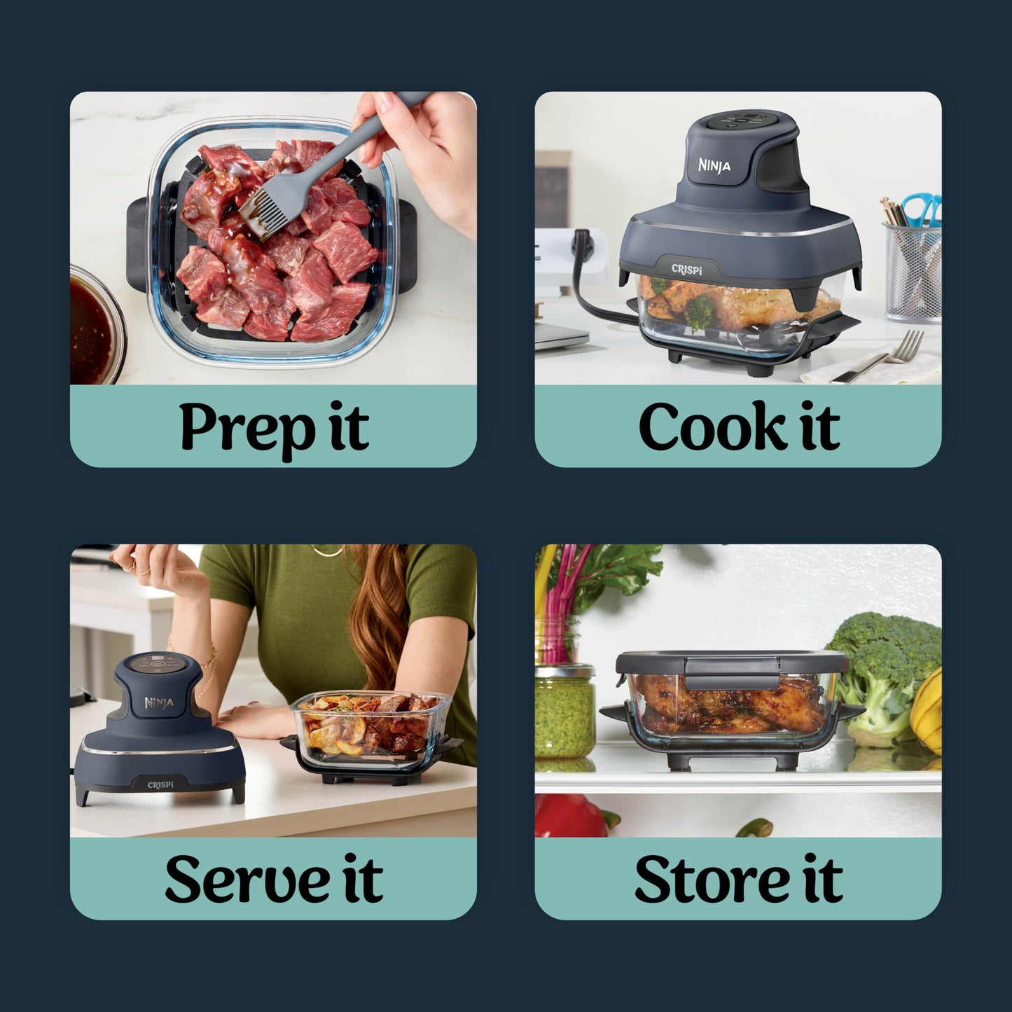 Ninja Crispi Air Fryer, Microwave, Freezer & Dishwasher Safe, Non Toxic Glass Portable Cooking System, 4 QT & 6 Cup Glass Containers with Storage Lids, Easy Meals, Air Fry, Bake, Stone, FN101ST