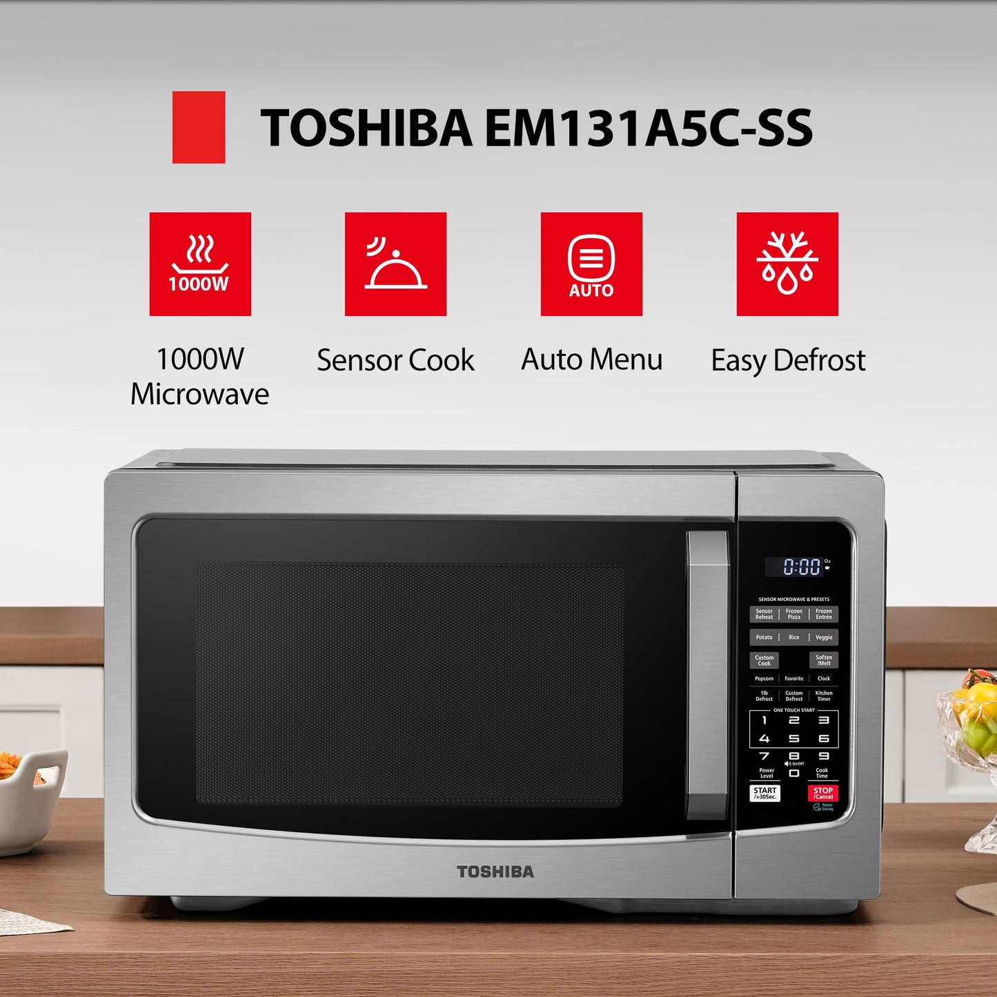TOSHIBA EM131A5C-BS Countertop Microwave Ovens 1.2 Cu Ft, 12.4" Removable Turntable Smart Humidity Sensor 12 Auto Menus Mute Function ECO Mode Easy Clean Interior Black Color 1000W