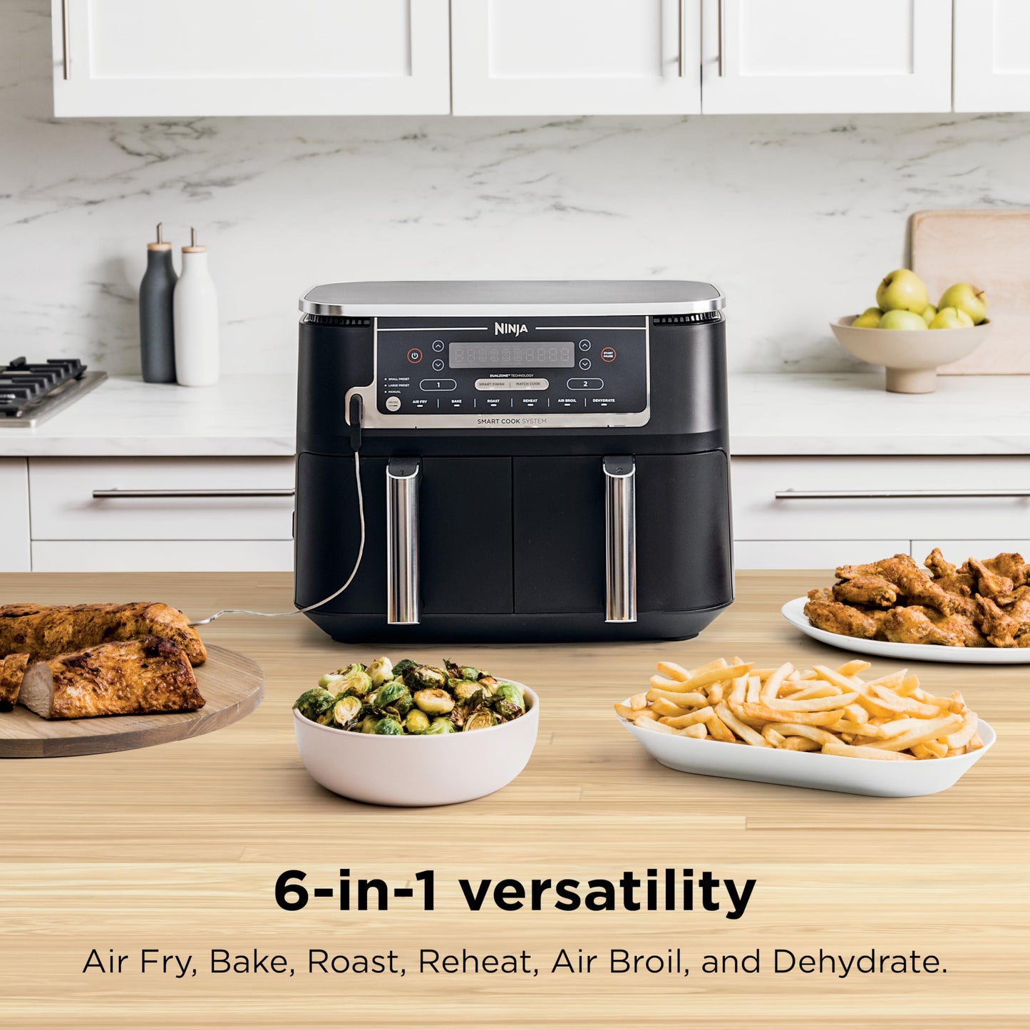 Ninja DZ201 Foodi 8 Quart 6-in-1 DualZone 2-Basket Air Fryer with 2 Independent Frying Baskets, Match Cook & Smart Finish to Roast, Broil, Dehydrate & More for Quick, Easy Meals, Grey
