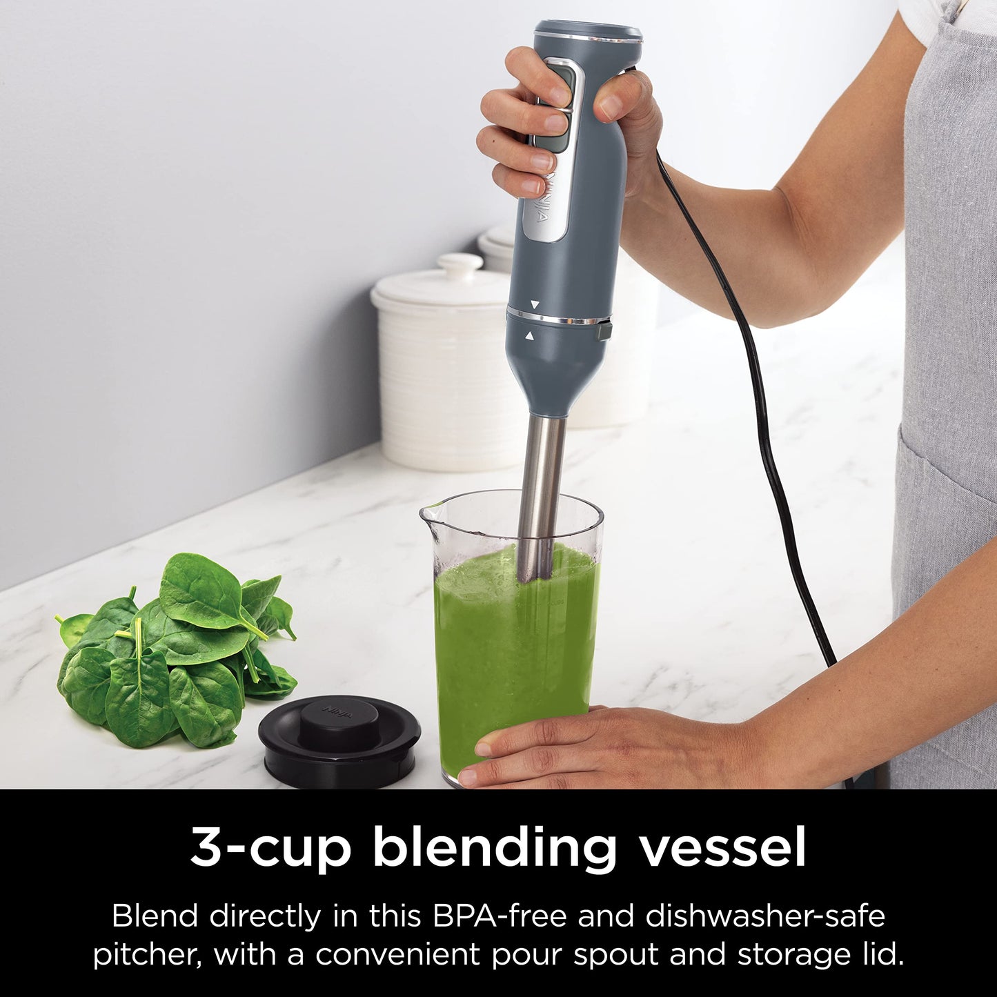 Ninja Hand Mixer, Immersion Blender, Foodi Power Mixer System, 750-Peak-Watt Handheld Emulsion Blender & Electric Hand Mixer Combo With Whisk, Beaters & 3-Cup Blending Vessel,120 volts, Black CI101