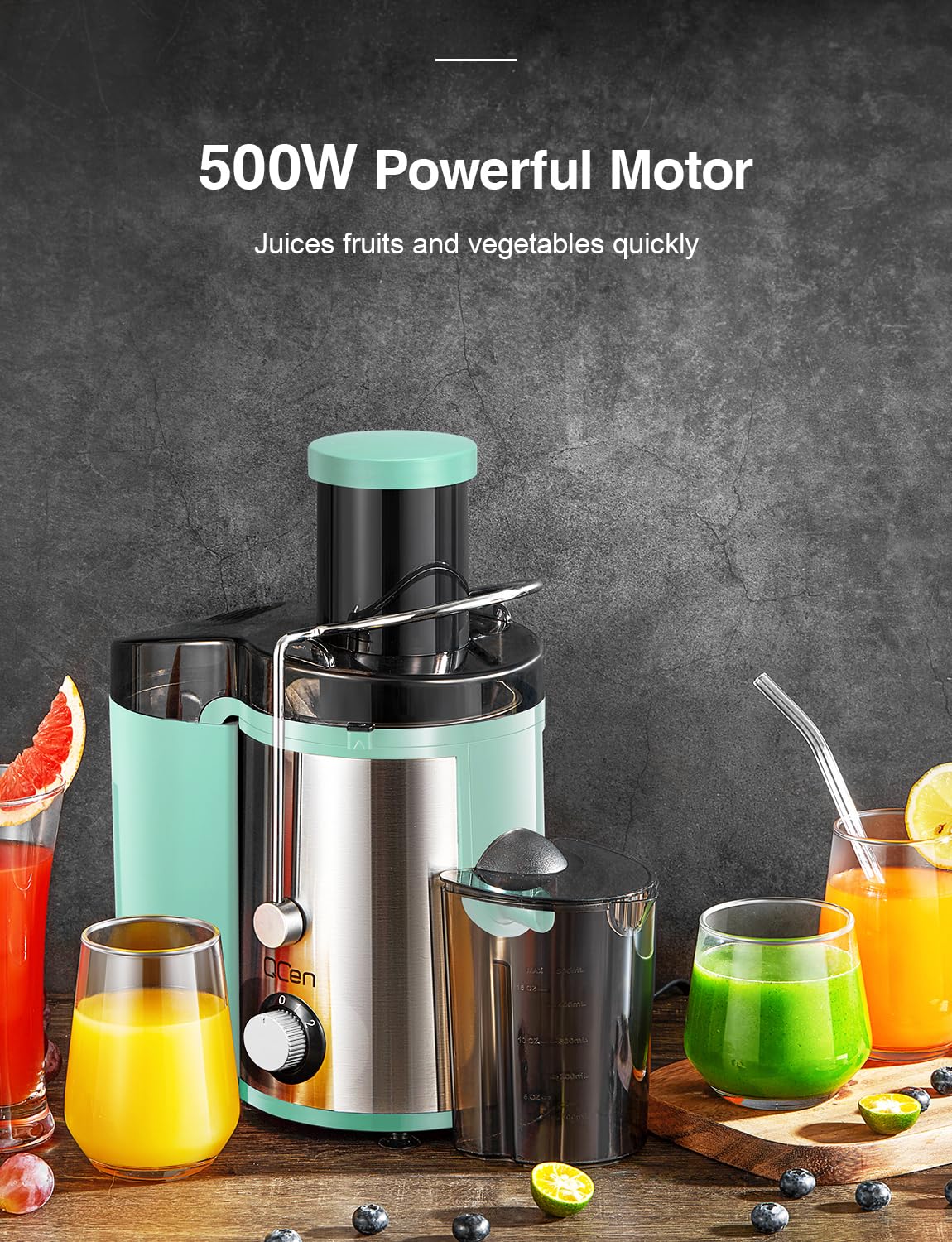 QCen Juicer Machine, 500W Centrifugal Juicer Extractor with Wide Mouth 3” Feed Chute for Fruit Vegetable, Easy to Clean, Stainless Steel, BPA-free (Black)