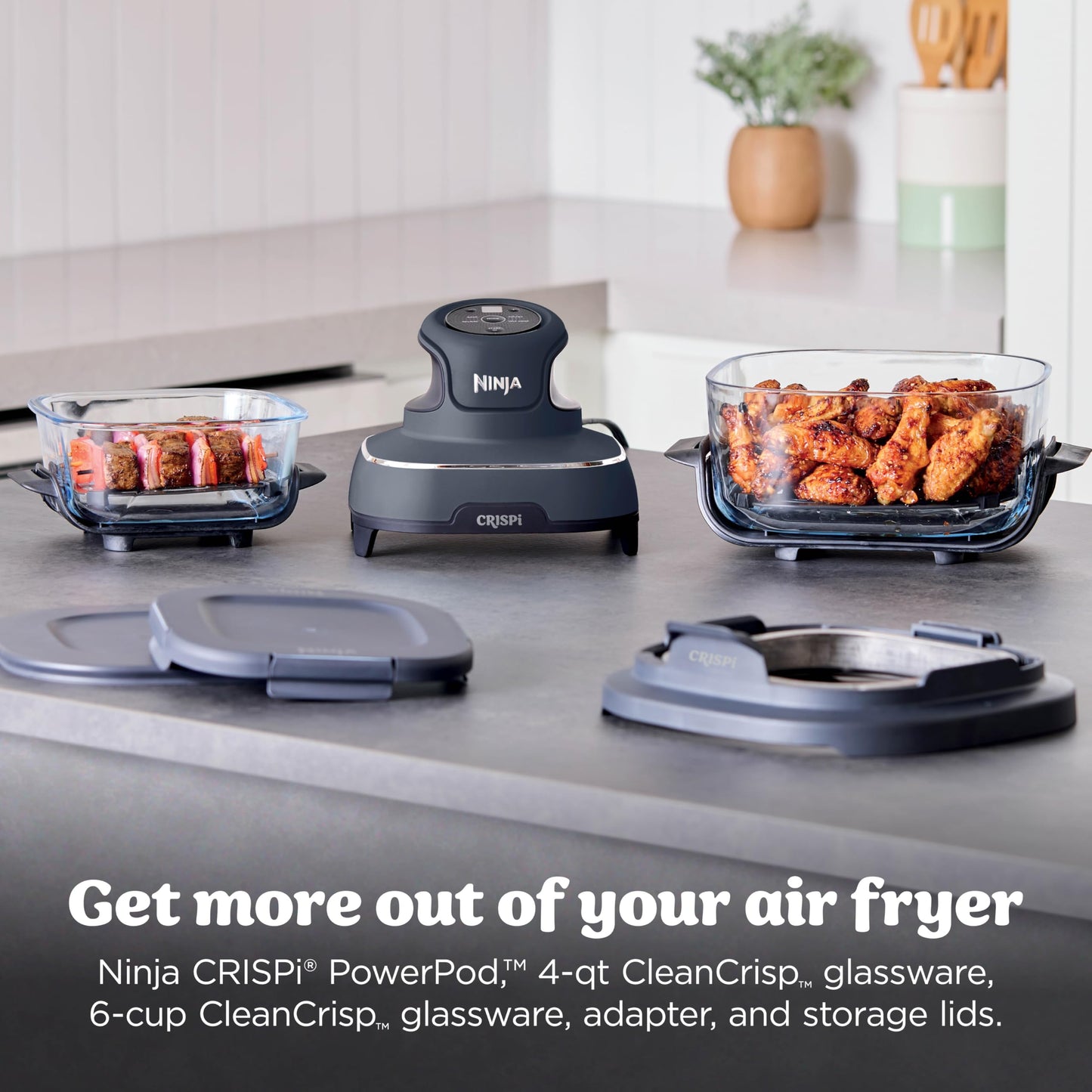 Ninja Crispi Air Fryer, Microwave, Freezer & Dishwasher Safe, Non Toxic Glass Portable Cooking System, 4 QT & 6 Cup Glass Containers with Storage Lids, Easy Meals, Air Fry, Bake, Stone, FN101ST