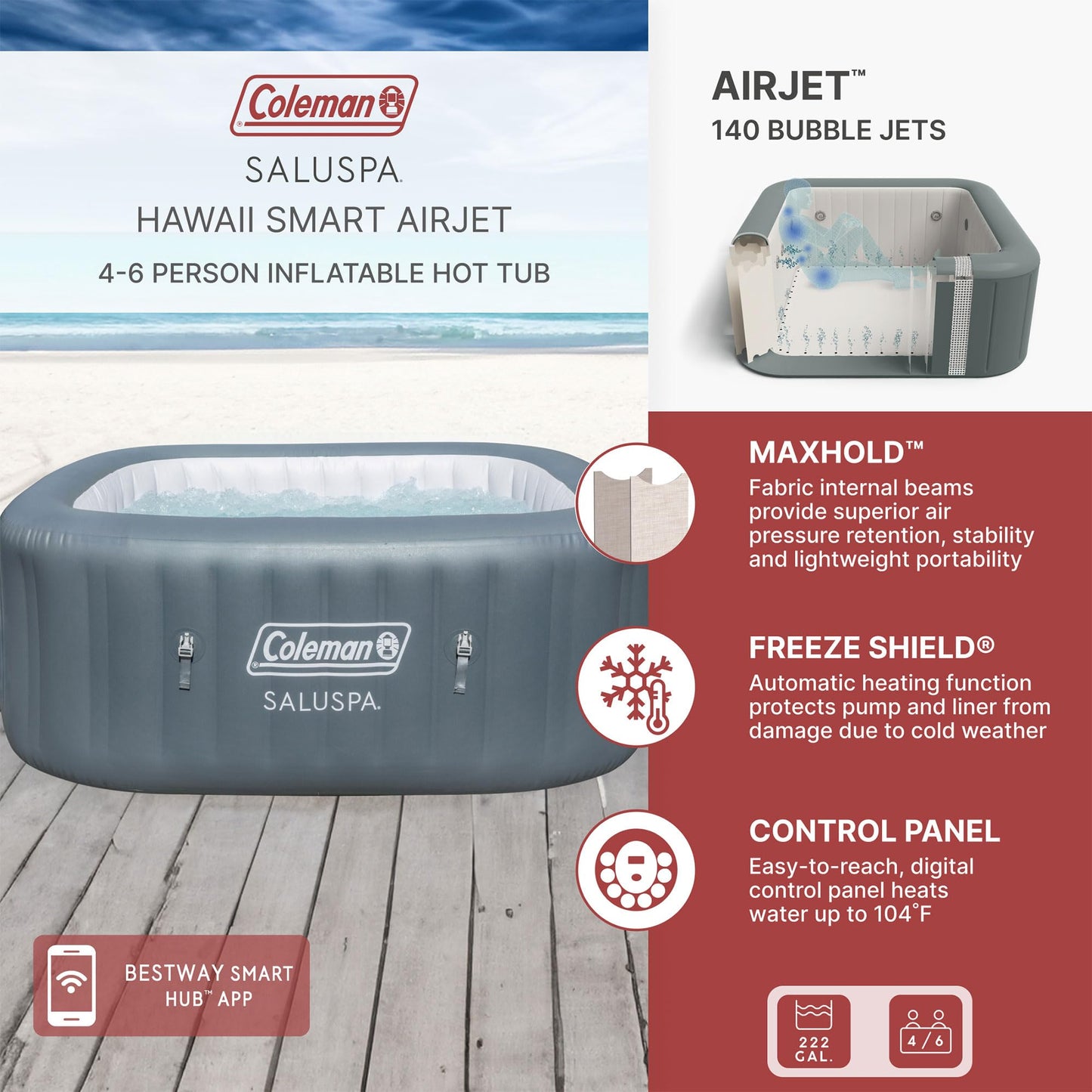Coleman Hawaii AirJet Large Square 4 to 6 Person Inflatable Hot Tub