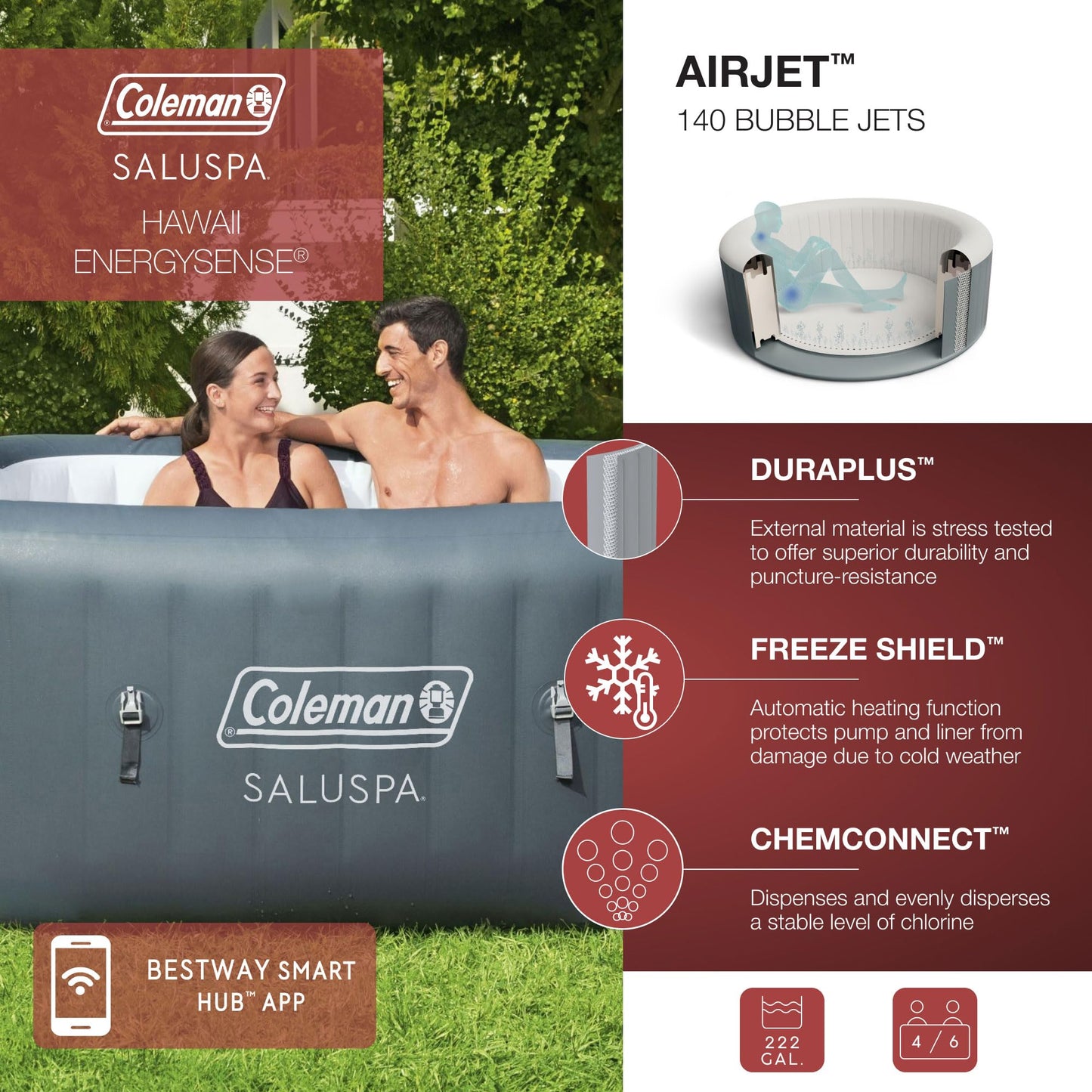 Coleman Hawaii AirJet Large Square 4 to 6 Person Inflatable Hot Tub