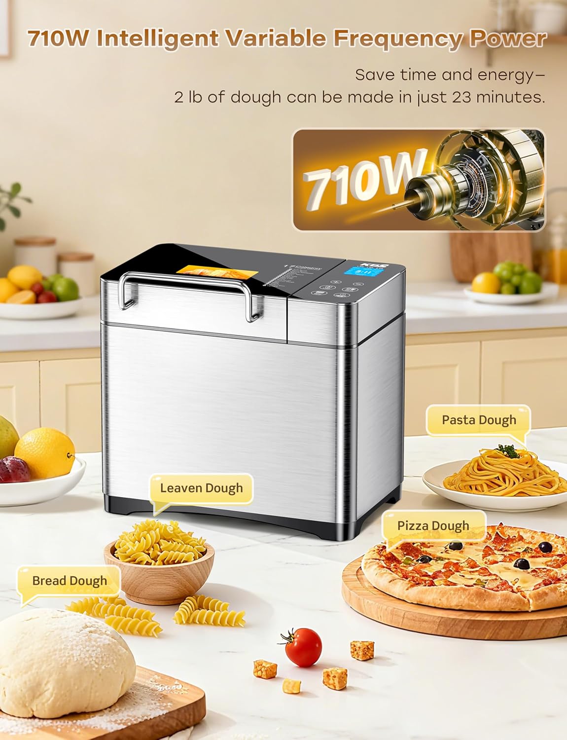 KBS Pro 710W Bread Maker, 2LB 17-in-1 Automatic Bread Machine with Healthy Ceramic Pan, Nut Dispenser, Tempered Glass Touch Panel, Stainless Steel Housing,3 Crust Colors, 15H Timer&Keep-Warm, Recipe