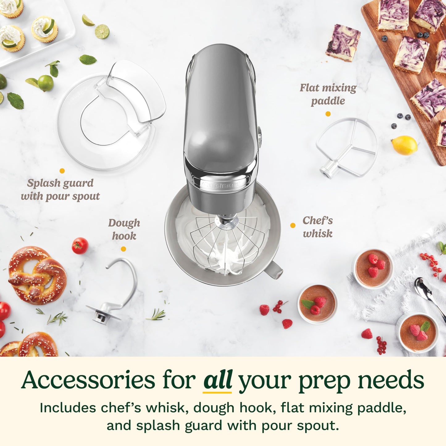 Cuisinart Stand Mixer, 12 Speeds, 5.5-Quart Mixing Bowl, Chef's Whisk, Flat Mixing Paddle, Dough Hook, and Splash Guard with Pour Spout, Silver Lining, SM-50BC, Silver Lining