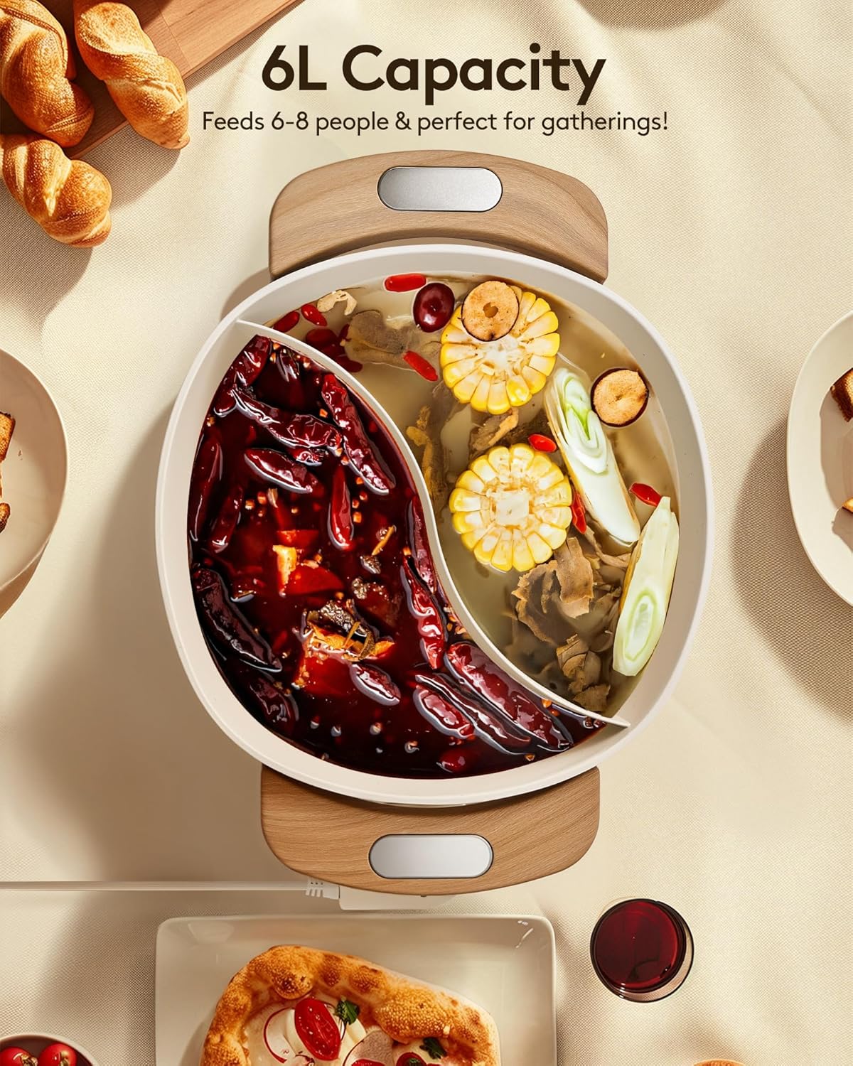 Hot Pot Electric Hot Pot with Divider, Large 6L Nonstick Dual-Sided Shabu Shabu Pot Dual-Flavor hotpot electric 1500W with Adjustable 5-Temperature Control ，Perfect for Family Dinners & Parties