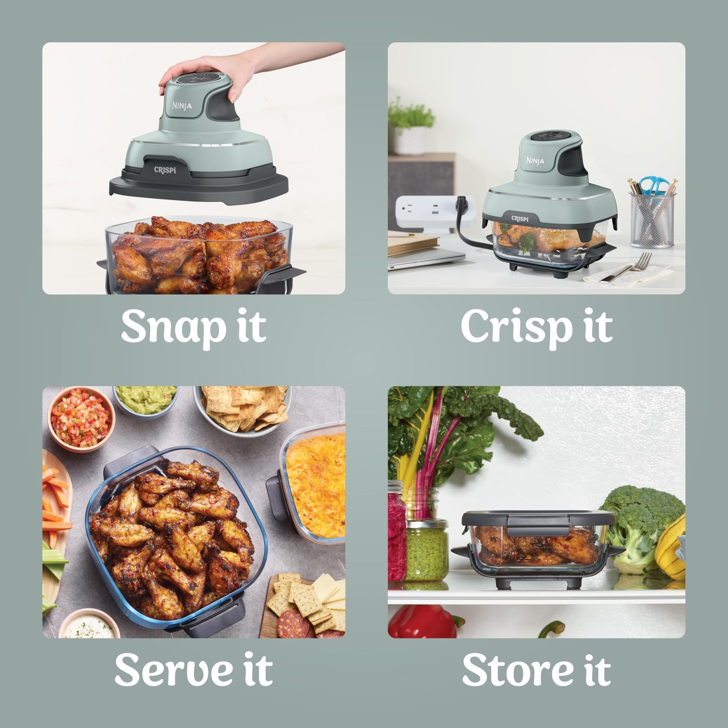 Ninja Crispi Air Fryer, Microwave, Freezer & Dishwasher Safe, Non Toxic Glass Portable Cooking System, 4 QT & 6 Cup Glass Containers with Storage Lids, Easy Meals, Air Fry, Bake, Stone, FN101ST