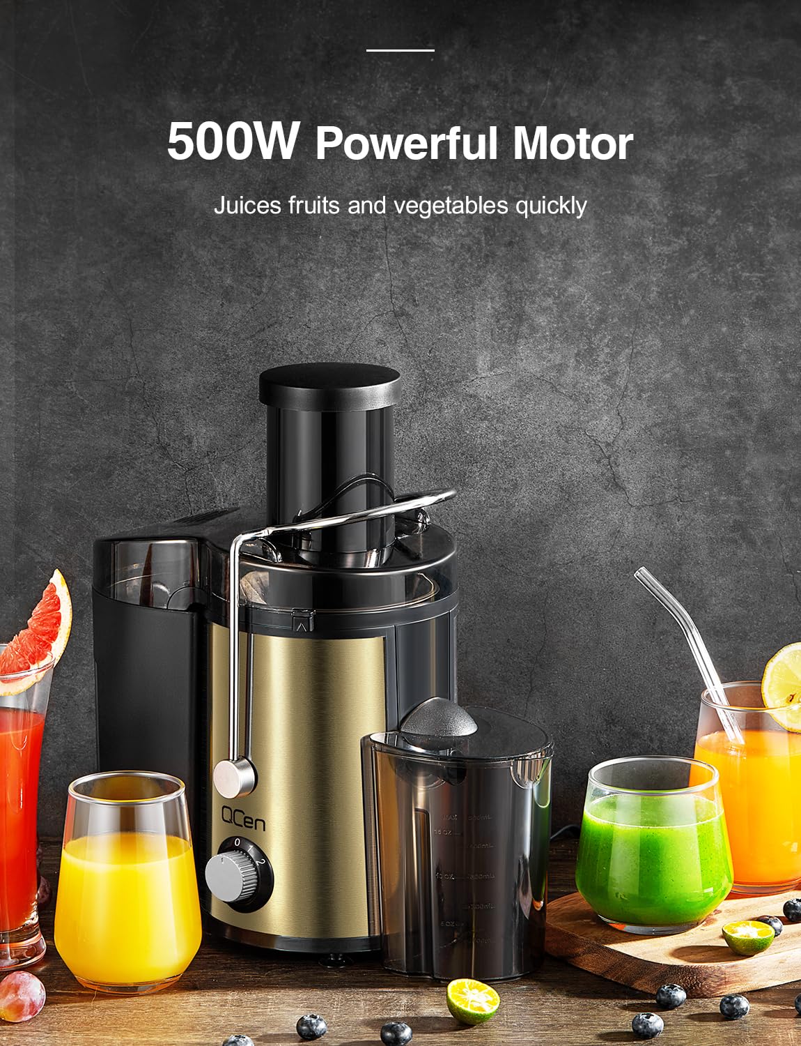 QCen Juicer Machine, 500W Centrifugal Juicer Extractor with Wide Mouth 3” Feed Chute for Fruit Vegetable, Easy to Clean, Stainless Steel, BPA-free (Black)