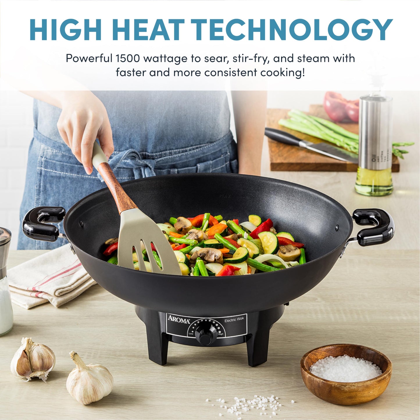 Aroma Housewares AEW-306 Electric Wok with Tempered Glass Lid Easy Clean Nonstick, Cooking Chopsticks, Tempura and Steaming Racks, Professional Model, Black