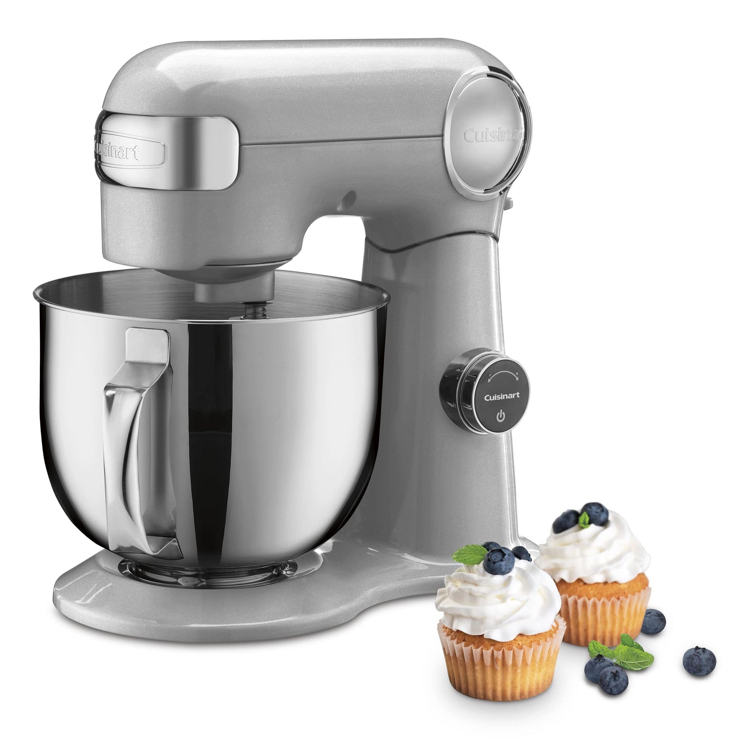 Cuisinart Stand Mixer, 12 Speeds, 5.5-Quart Mixing Bowl, Chef's Whisk, Flat Mixing Paddle, Dough Hook, and Splash Guard with Pour Spout, Silver Lining, SM-50BC, Silver Lining