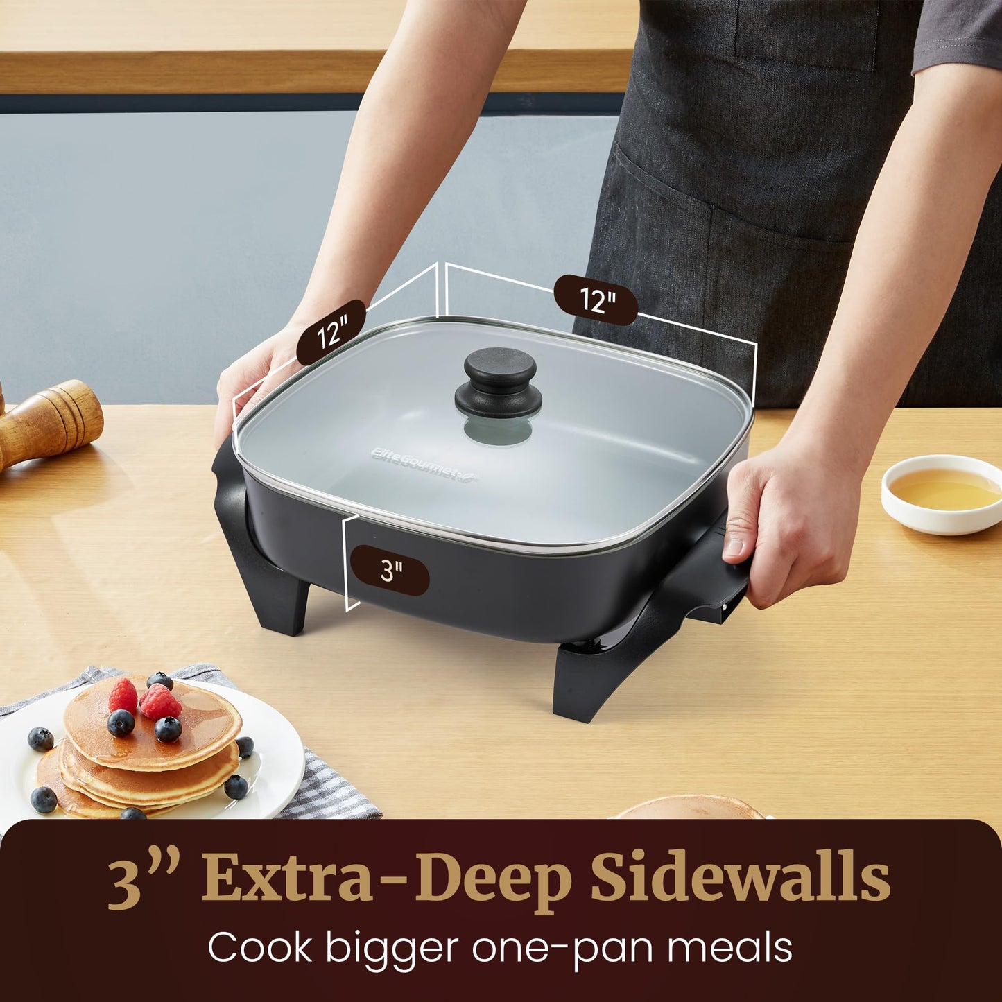 Elite Gourmet EG-6203# Extra Deep 16"x13"x3.2" (10.5Qt.) Scratch Resistant, Easy Pour Spout Dishwasher Safe, Non-stick Electric Skillet with Glass Vented Lid, Adjustable Temperature, Black