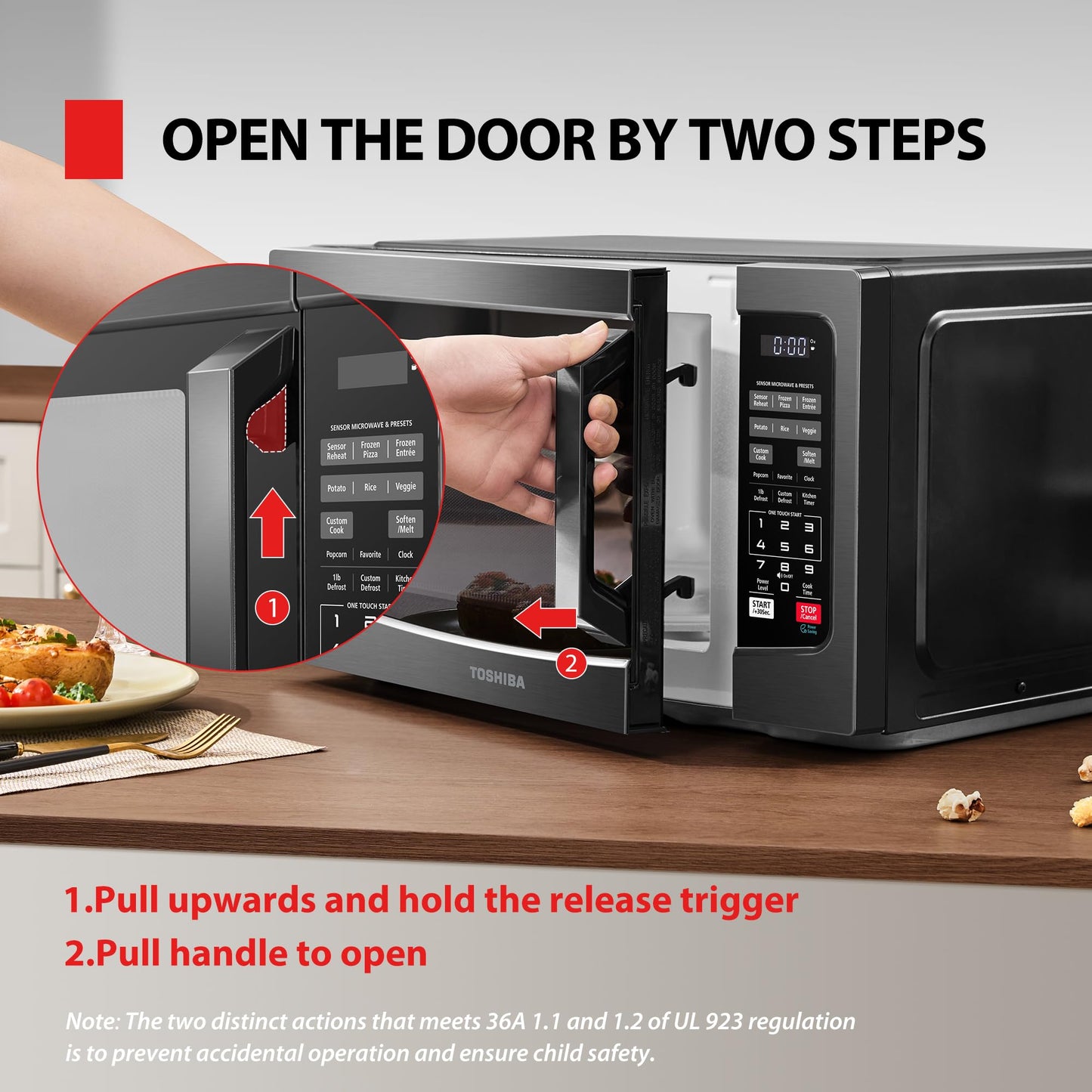 TOSHIBA EM131A5C-BS Countertop Microwave Ovens 1.2 Cu Ft, 12.4" Removable Turntable Smart Humidity Sensor 12 Auto Menus Mute Function ECO Mode Easy Clean Interior Black Color 1000W