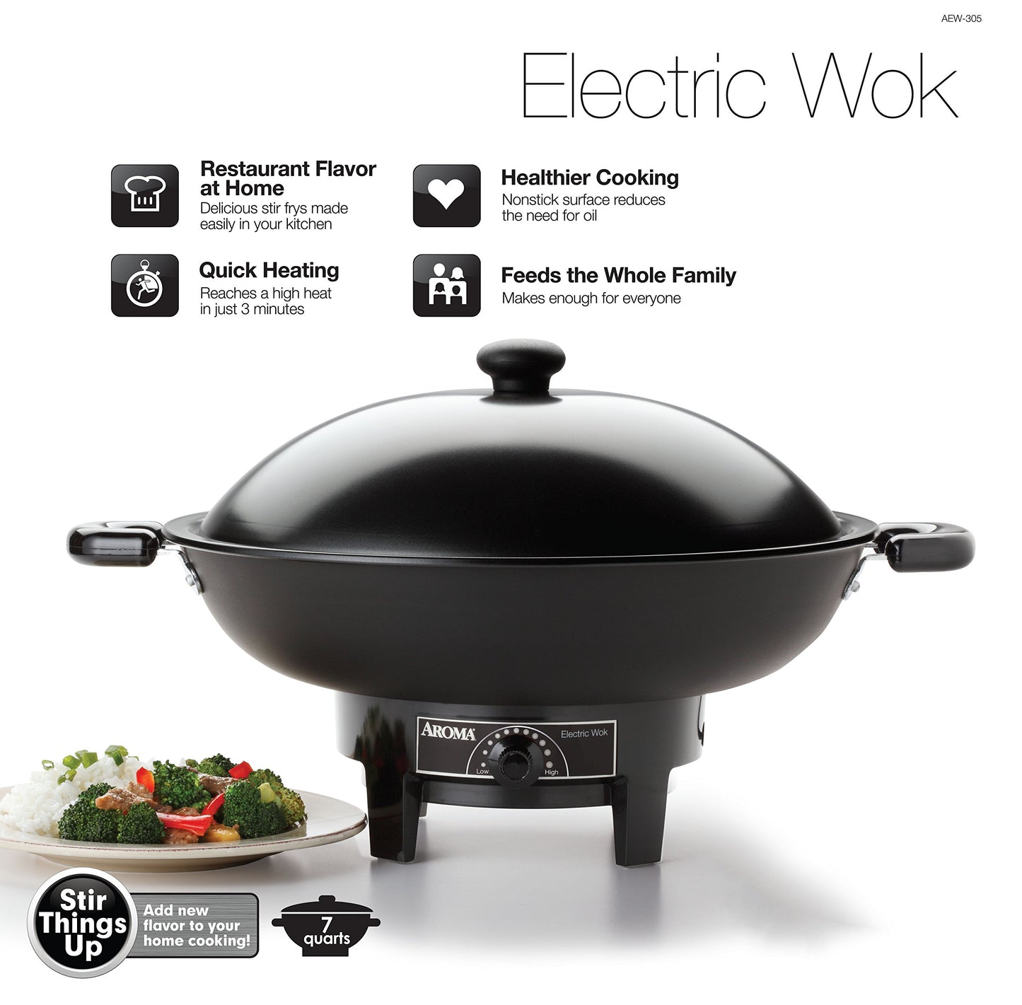 Aroma Housewares AEW-306 Electric Wok with Tempered Glass Lid Easy Clean Nonstick, Cooking Chopsticks, Tempura and Steaming Racks, Professional Model, Black