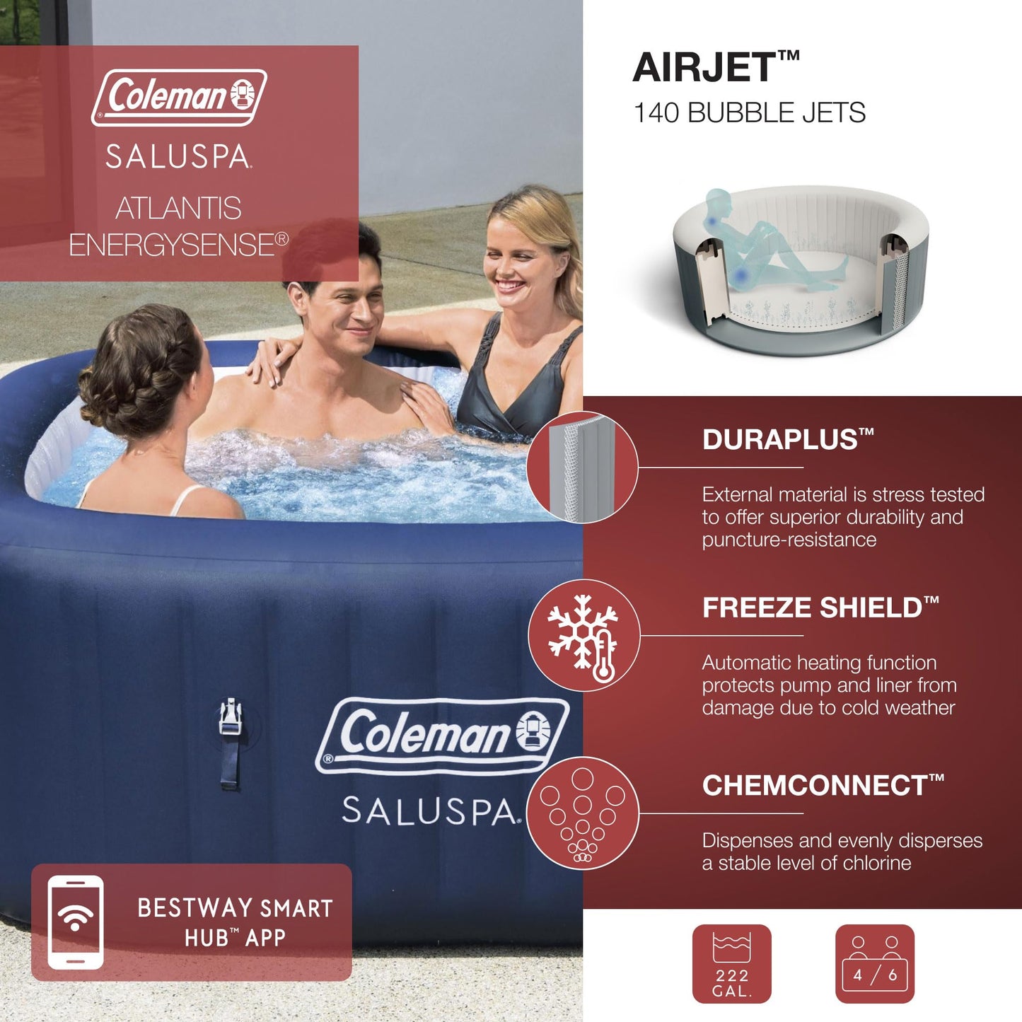 Coleman Hawaii AirJet Large Square 4 to 6 Person Inflatable Hot Tub