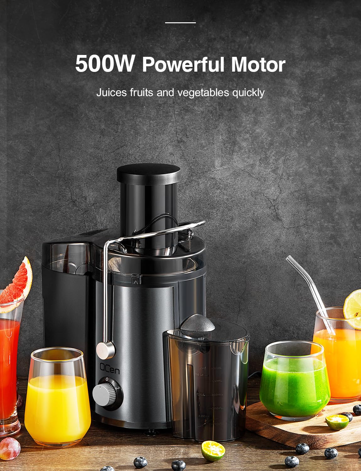 QCen Juicer Machine, 500W Centrifugal Juicer Extractor with Wide Mouth 3” Feed Chute for Fruit Vegetable, Easy to Clean, Stainless Steel, BPA-free (Black)