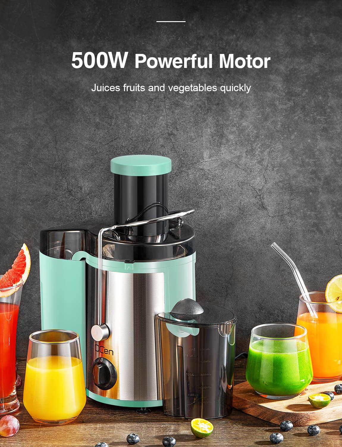 QCen Juicer Machine, 500W Centrifugal Juicer Extractor with Wide Mouth 3” Feed Chute for Fruit Vegetable, Easy to Clean, Stainless Steel, BPA-free (Black)
