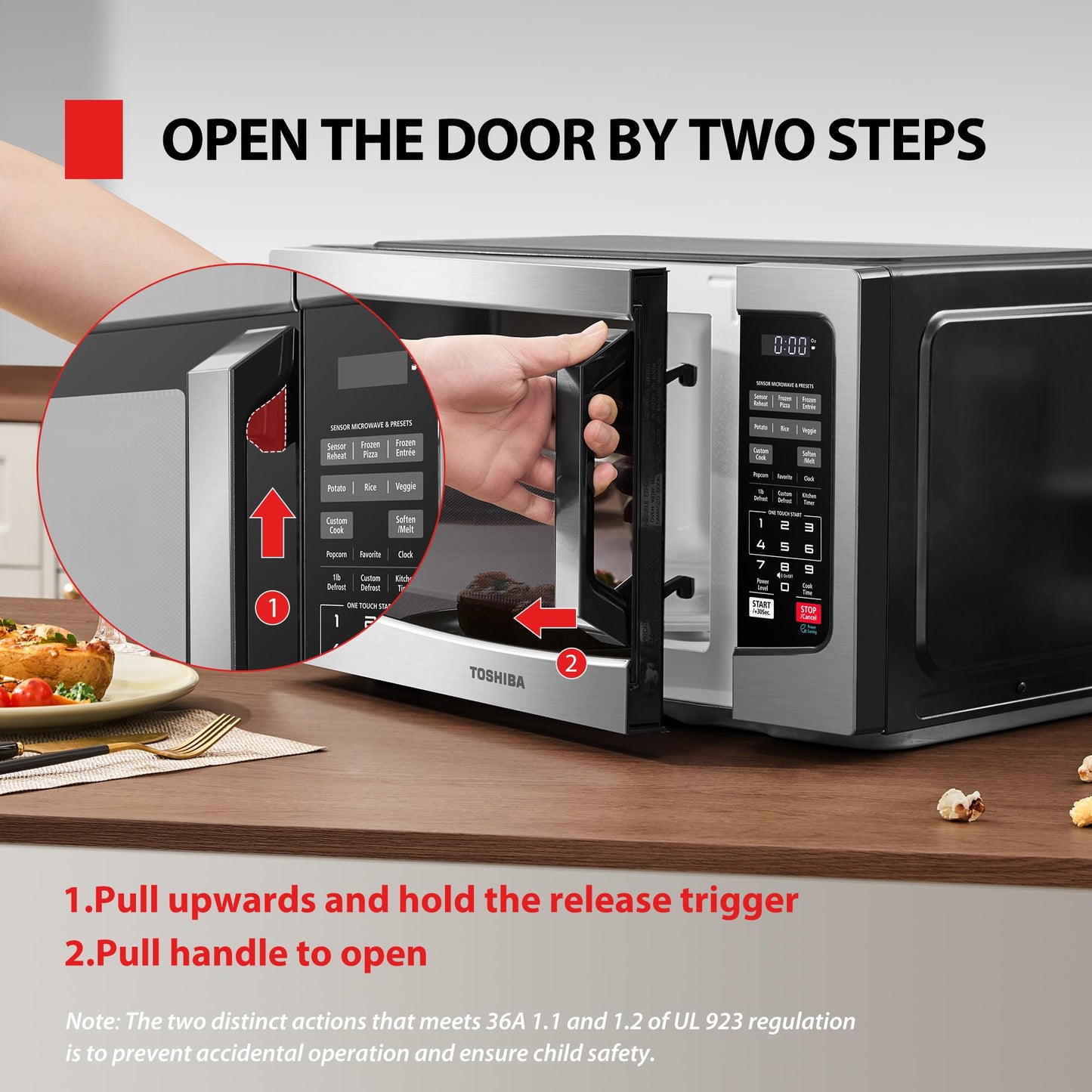 TOSHIBA EM131A5C-BS Countertop Microwave Ovens 1.2 Cu Ft, 12.4" Removable Turntable Smart Humidity Sensor 12 Auto Menus Mute Function ECO Mode Easy Clean Interior Black Color 1000W