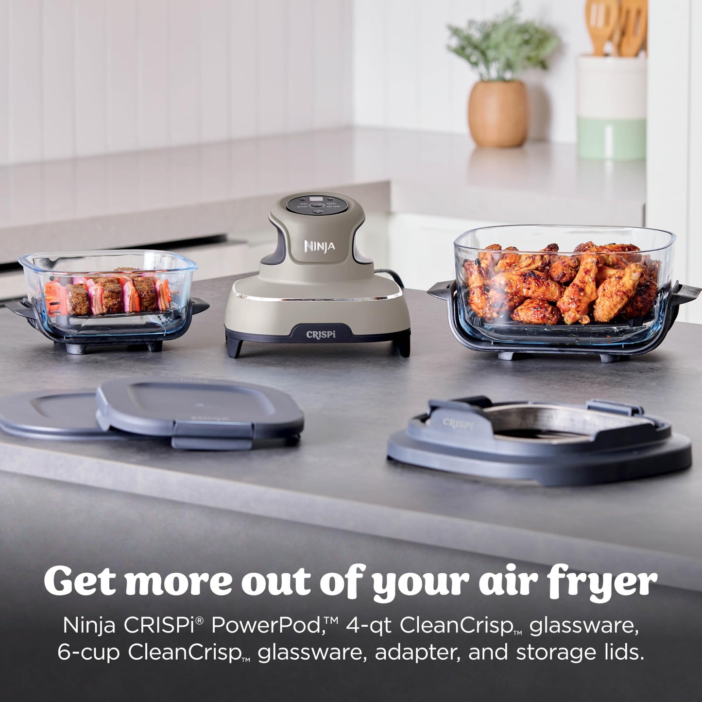 Ninja Crispi Air Fryer, Microwave, Freezer & Dishwasher Safe, Non Toxic Glass Portable Cooking System, 4 QT & 6 Cup Glass Containers with Storage Lids, Easy Meals, Air Fry, Bake, Stone, FN101ST