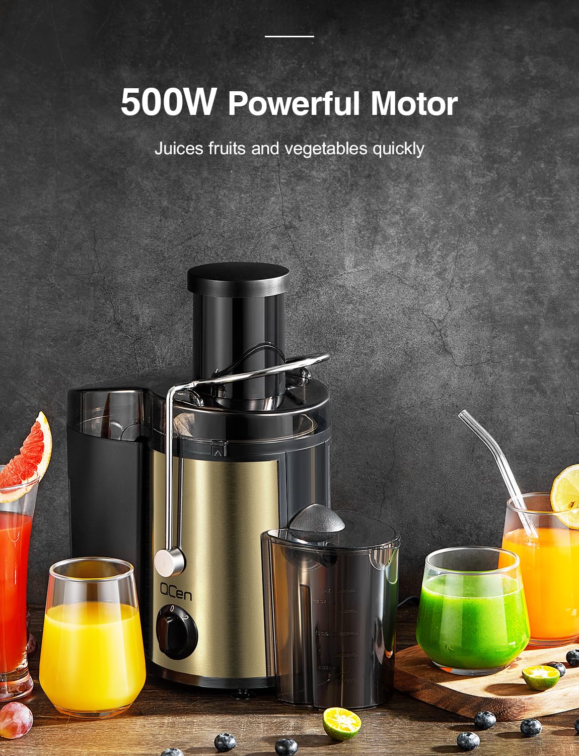QCen Juicer Machine, 500W Centrifugal Juicer Extractor with Wide Mouth 3” Feed Chute for Fruit Vegetable, Easy to Clean, Stainless Steel, BPA-free (Black)