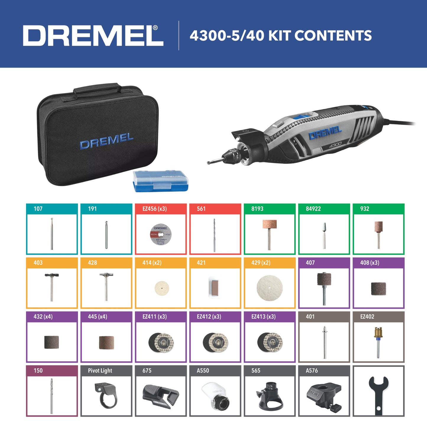 Dremel 4300-5/40 High Performance Rotary Tool Kit with LED Light- 5 Attachments & 40 Accessories - Ideal for Grinding, Cutting, Wood Carving, Sanding, and Engraving