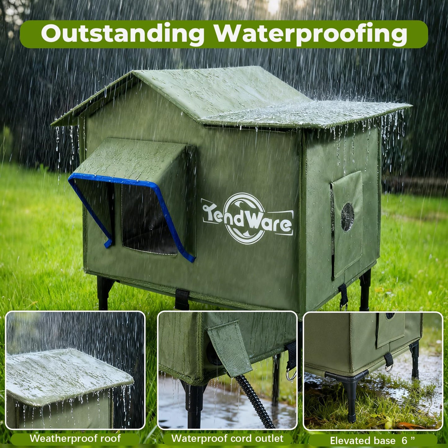 Outdoor Cat House Heated Cat House for Outside with Elevated Base Cat-Attracting Eave Design Feral Stray Shelter Weatherproof in Winter Garage Yard Porch