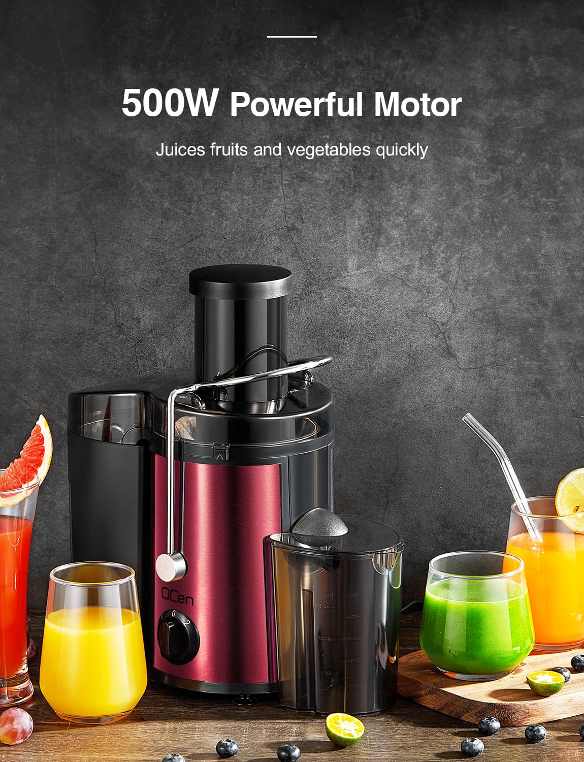 QCen Juicer Machine, 500W Centrifugal Juicer Extractor with Wide Mouth 3” Feed Chute for Fruit Vegetable, Easy to Clean, Stainless Steel, BPA-free (Black)