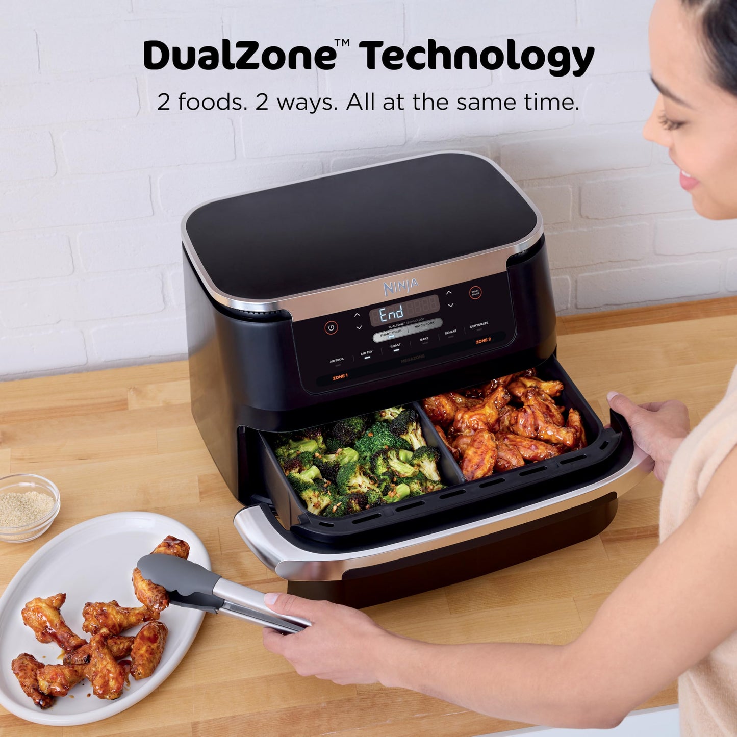 Ninja DZ201 Foodi 8 Quart 6-in-1 DualZone 2-Basket Air Fryer with 2 Independent Frying Baskets, Match Cook & Smart Finish to Roast, Broil, Dehydrate & More for Quick, Easy Meals, Grey