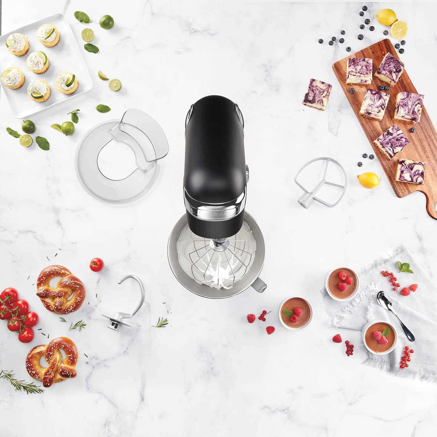 Cuisinart Stand Mixer, 12 Speeds, 5.5-Quart Mixing Bowl, Chef's Whisk, Flat Mixing Paddle, Dough Hook, and Splash Guard with Pour Spout, Silver Lining, SM-50BC, Silver Lining