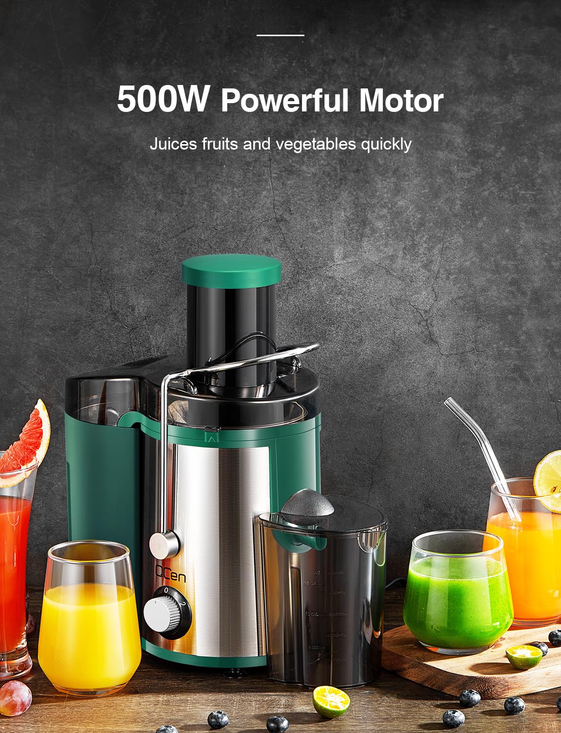 QCen Juicer Machine, 500W Centrifugal Juicer Extractor with Wide Mouth 3” Feed Chute for Fruit Vegetable, Easy to Clean, Stainless Steel, BPA-free (Black)