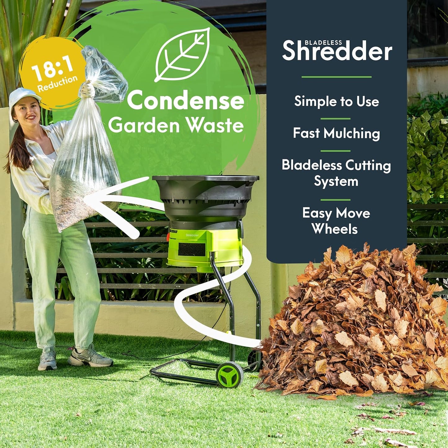 XL Bladeless Leaf Shredder & Mulcher | Powerful 15 Amp, 9,000RPM Motor